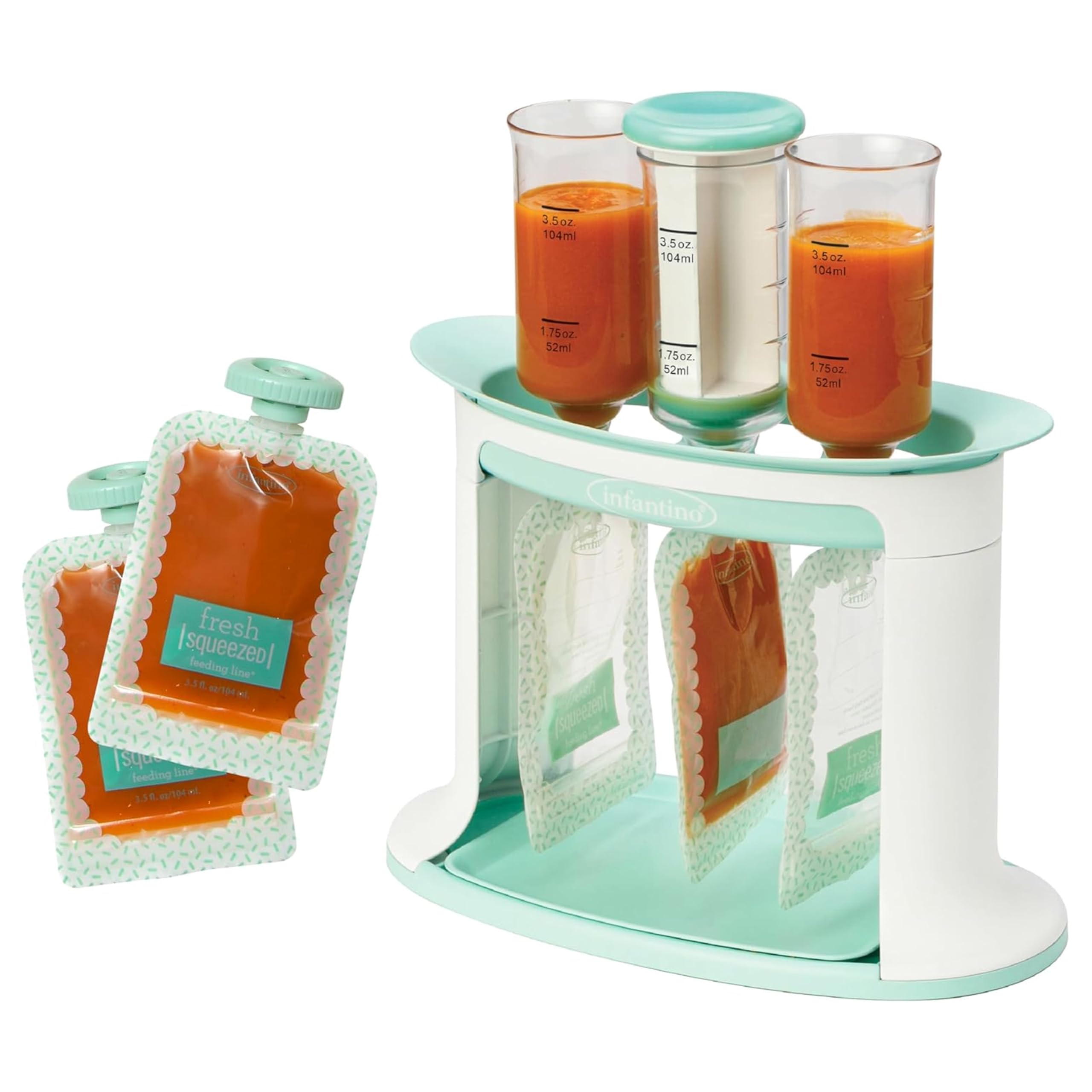 Infantino Squeeze Station، صانعة طعام الأطفال ومُعبئة الحقائب، املأ 3 حقائب قابلة لإعادة الاستخدام دفعة واحدة، سهلة الاستخدام، آمنة للغسل في غسالة الأطباق، أداة أساسية لإعداد طعام الأطفال في المنزل، أزرق مخضر