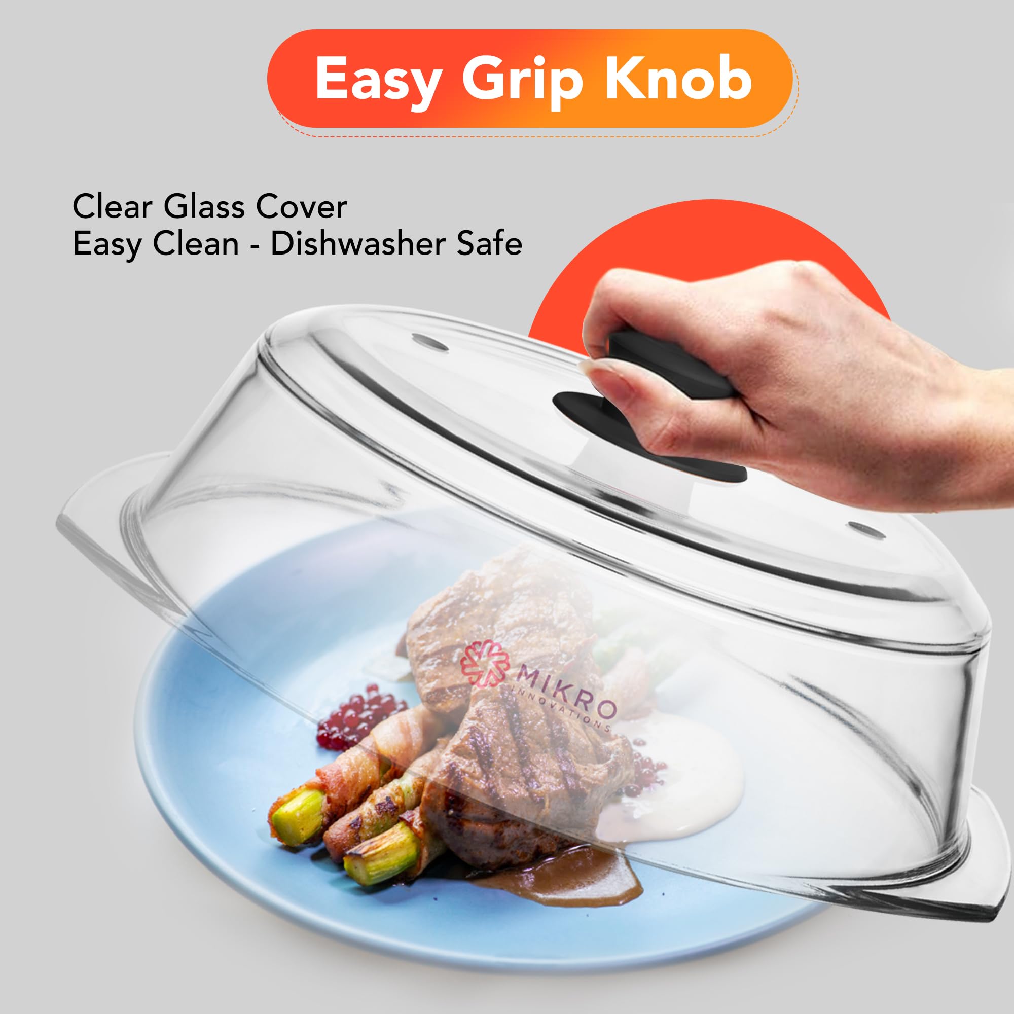 Tall Glass Microwave splatter cover | Sturdy clear 100% food safe BPA free glass lid with easy grip silicone handle | Heavy-duty glass for longer life, Dishwasher safe for easy cleaning - 10.5in
