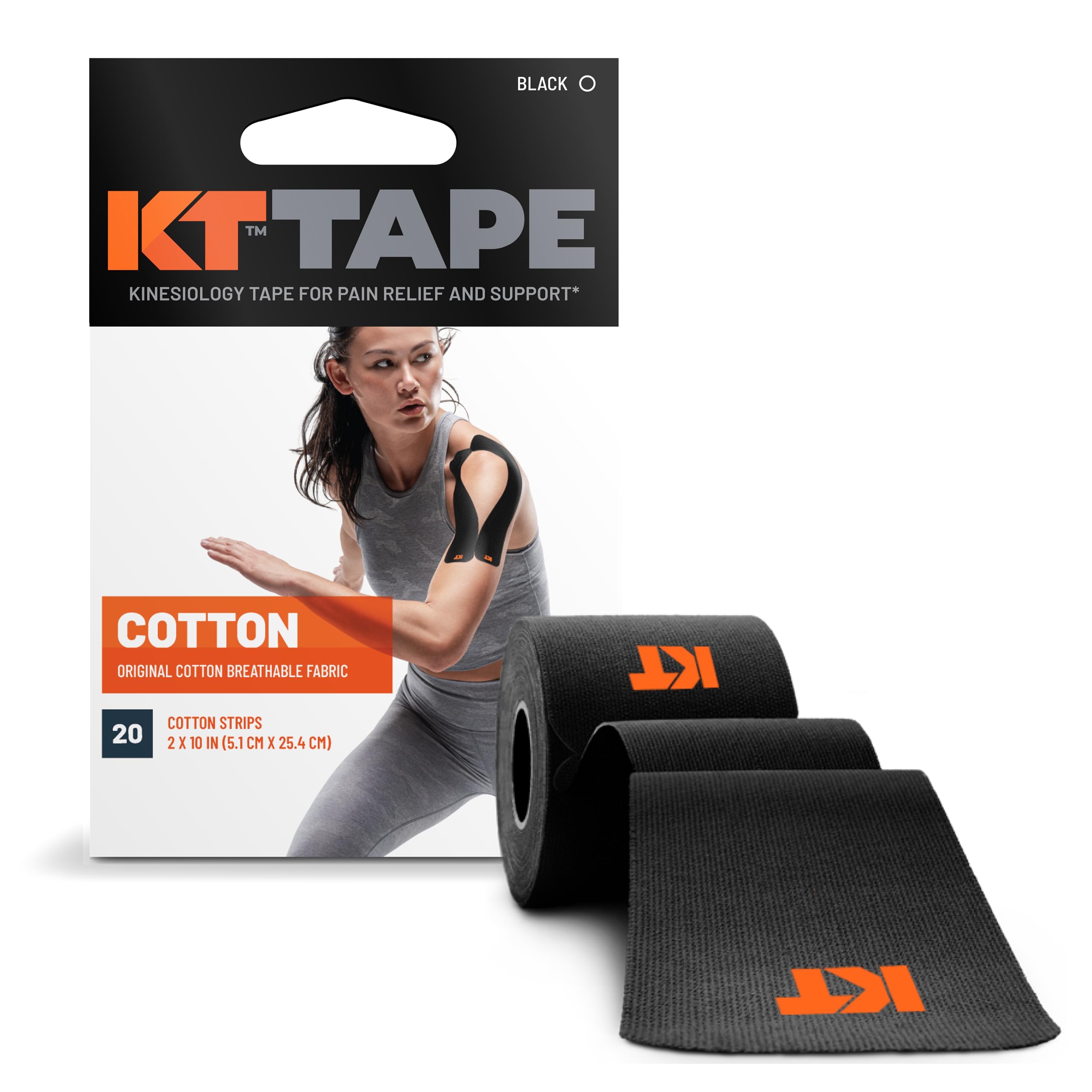 KT Tape, Original Cotton, Elastic Kinesiology Athletic Tape, 20 Count, 10" Precut Strips, Black