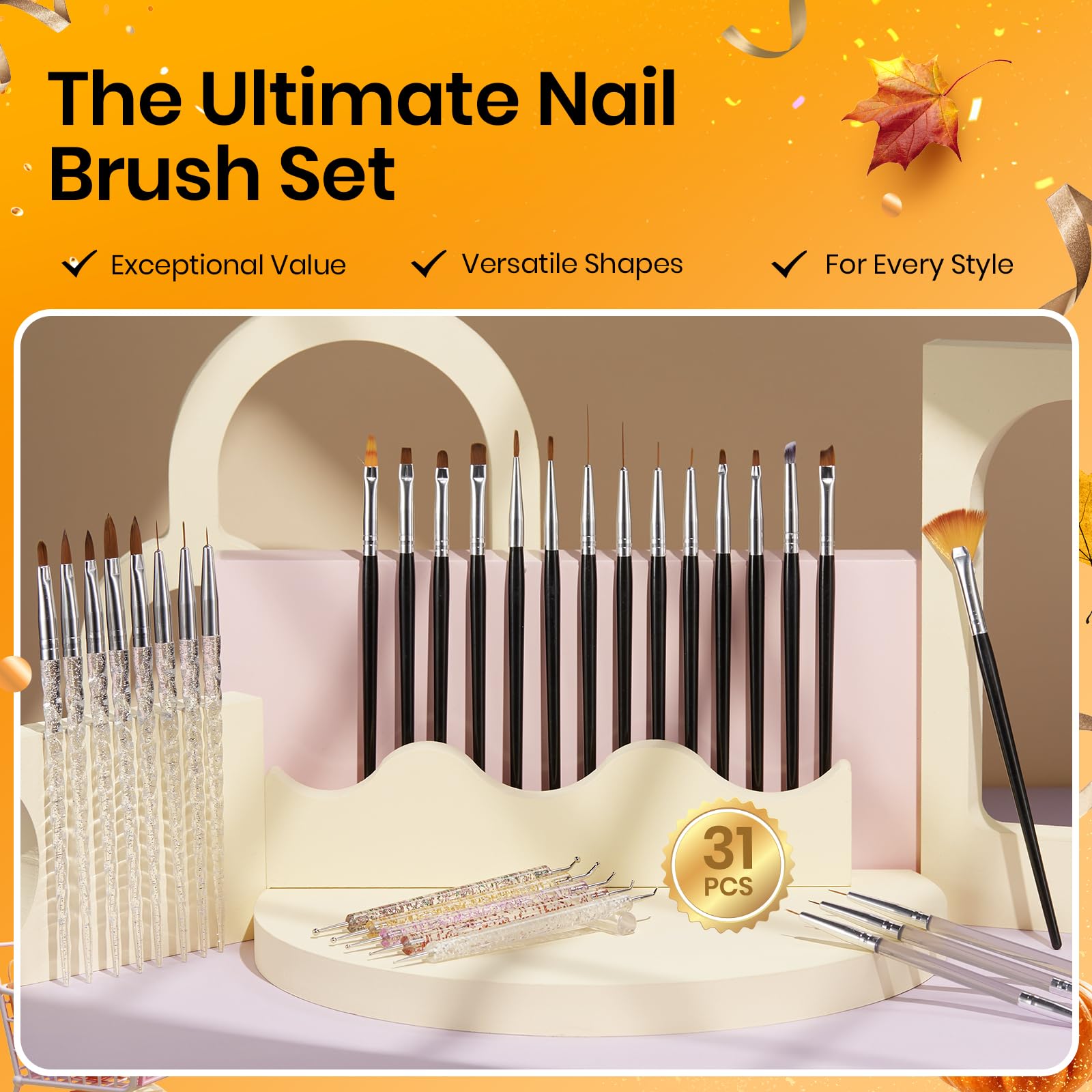 Beetles 31pcs Nail Art Brushes, Dotting Tools, Nail Art Pens, Dust Brush, Striping Liner Fingernail Drawing Pens with Palette Holder All in One for Starter Manicure Design Set