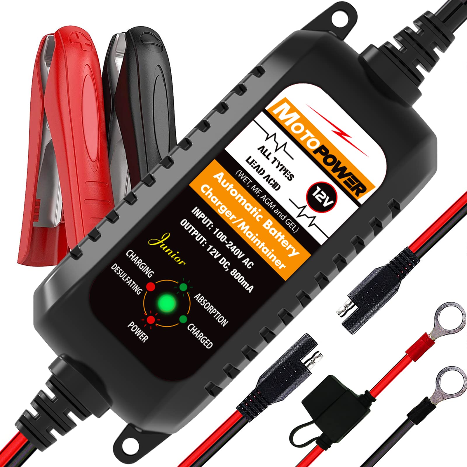 MOTOPOWER MP00205A 12V 800mA شاحن بطارية أوتوماتيكي، ومحافظ، ومنشط، ومزيل كبريتات