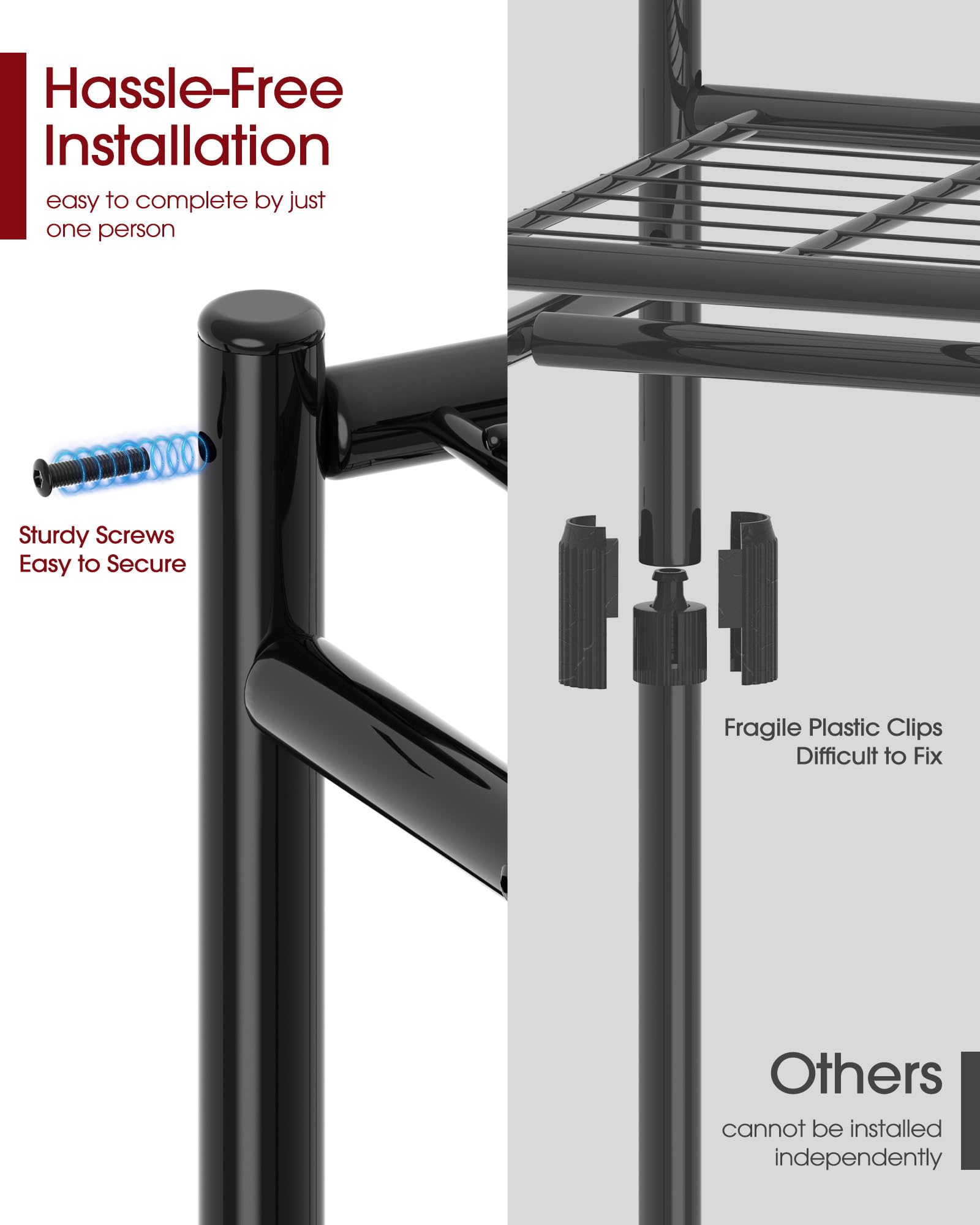 Sakugi Clothes Rack - 33.0" x 12.2" x 79.5" Clothing Rack with Shelves & Wheels, Multi-Functional Wardrobe Closet with Hooks, Sturdy Metal Garment Rack for Bedroom, Laundry, Balcony (Black)