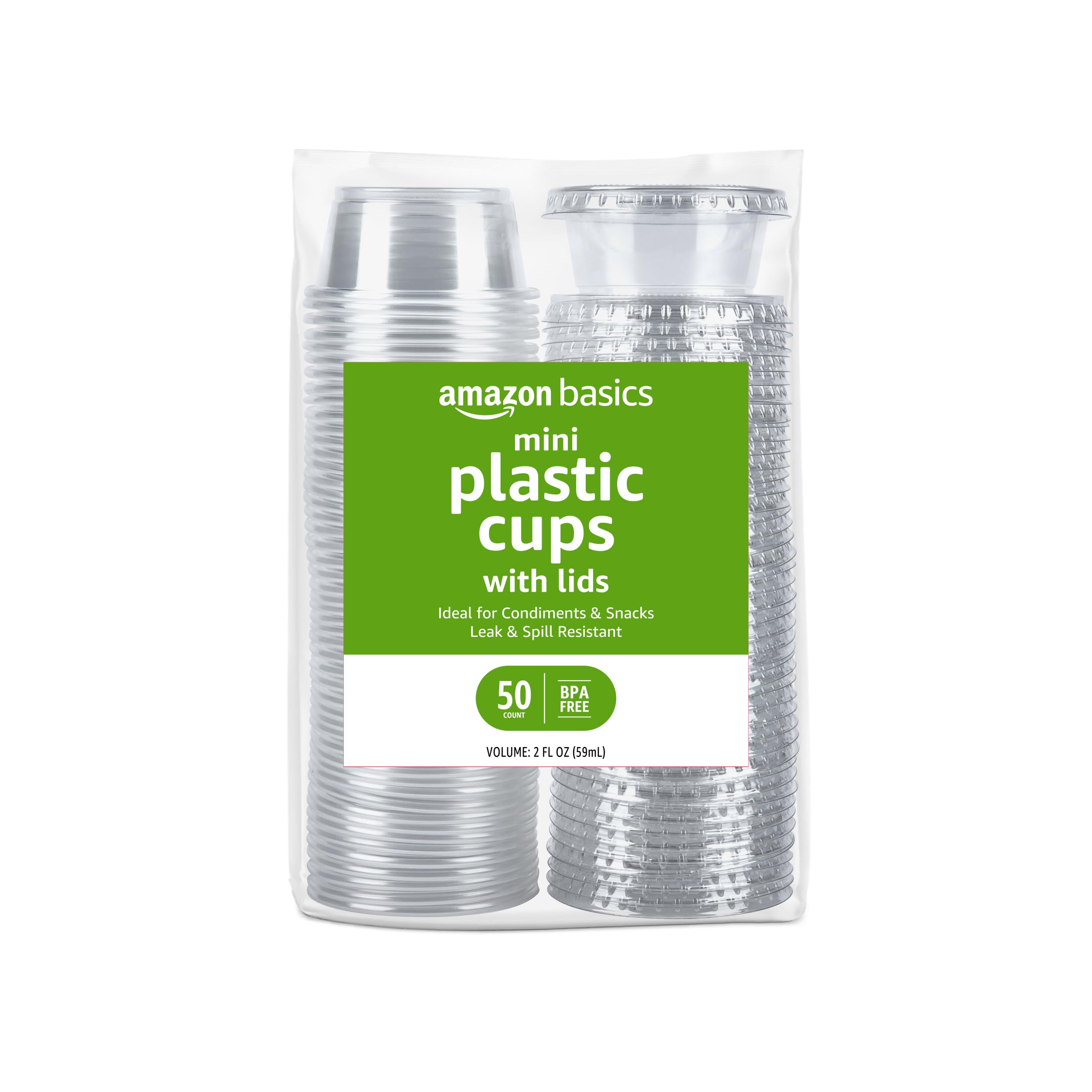 Basics Disposable Plastic To-Go Cups and Lids, Mini, 2oz, 50 Count
