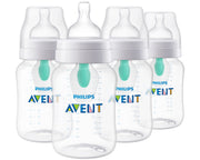 Philips Avent Anti-Colic Baby Bottle with AirFree Vent, 9oz, with Flow 2 Nipples, 1m+, 4pk, Clear, SCY703/04