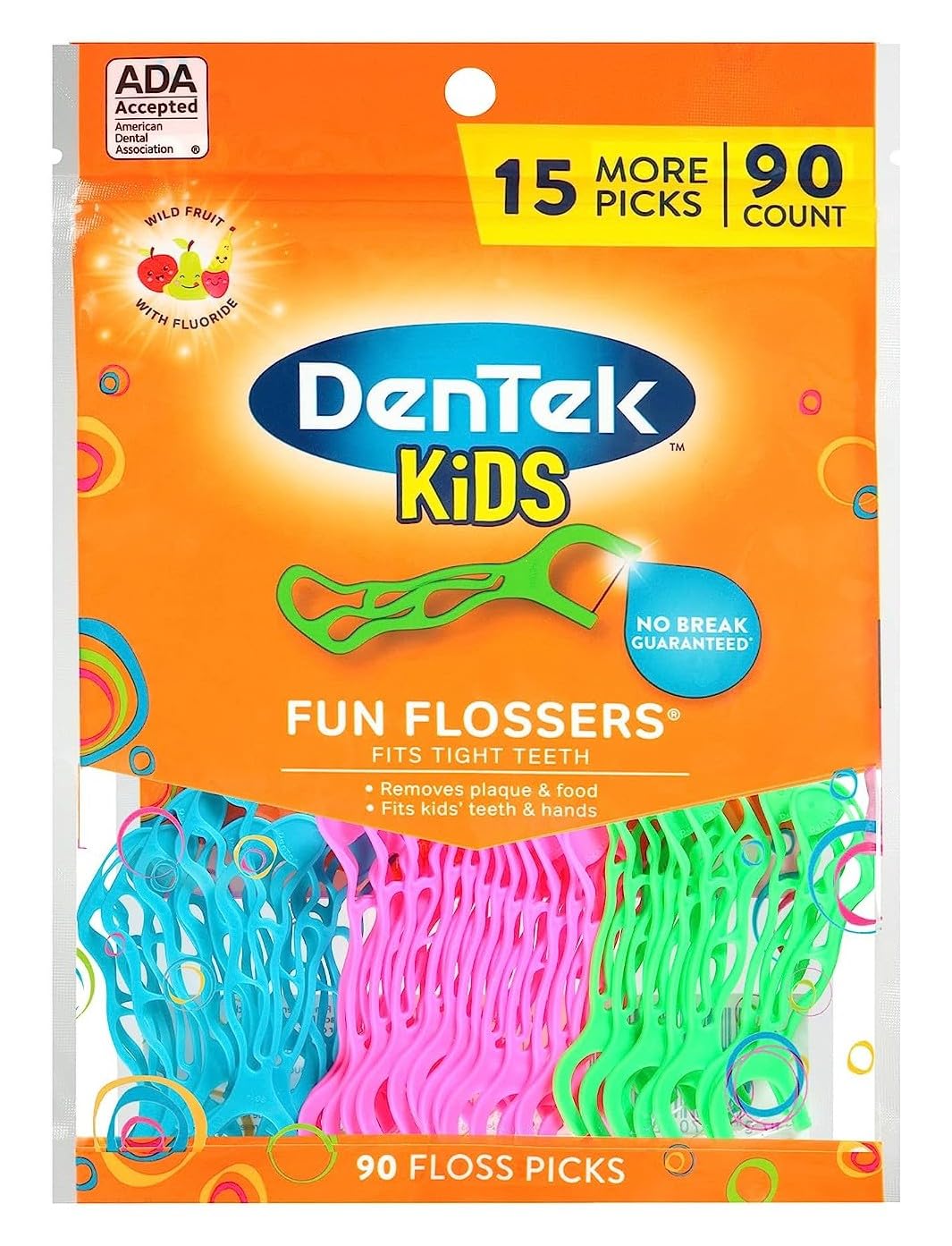 DenTek Kids Fun Flossers, Floss Picks, Removes Food & Plaque, 90 Count