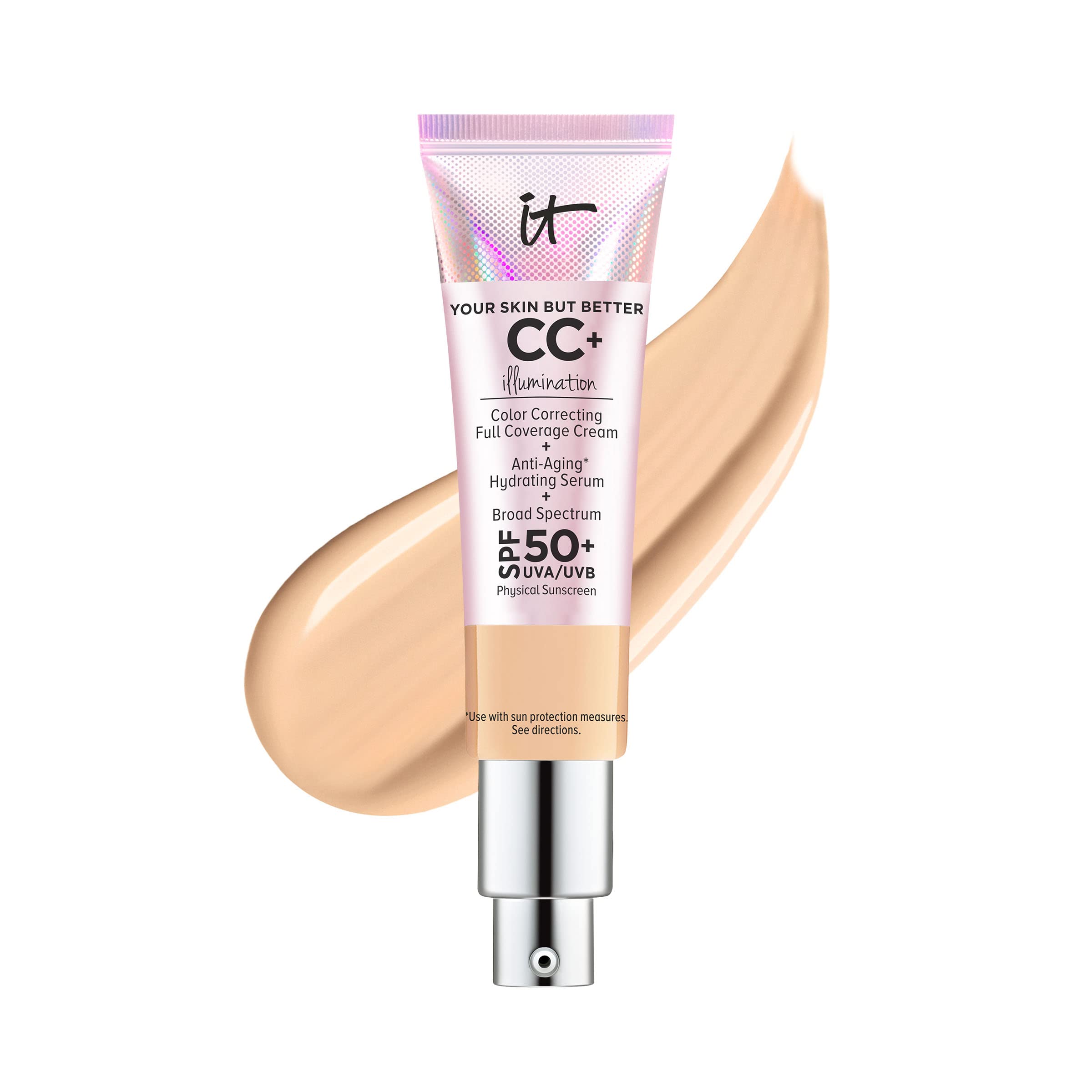 IT Cosmetics CC+ Cream Illumination (Medium) - Radiant Full Coverage Foundation With SPF 50+, Color Corrector & Hydrating Anti-Aging Serum, Hydrolyzed Collagen + Peptides - 1.08 fl oz