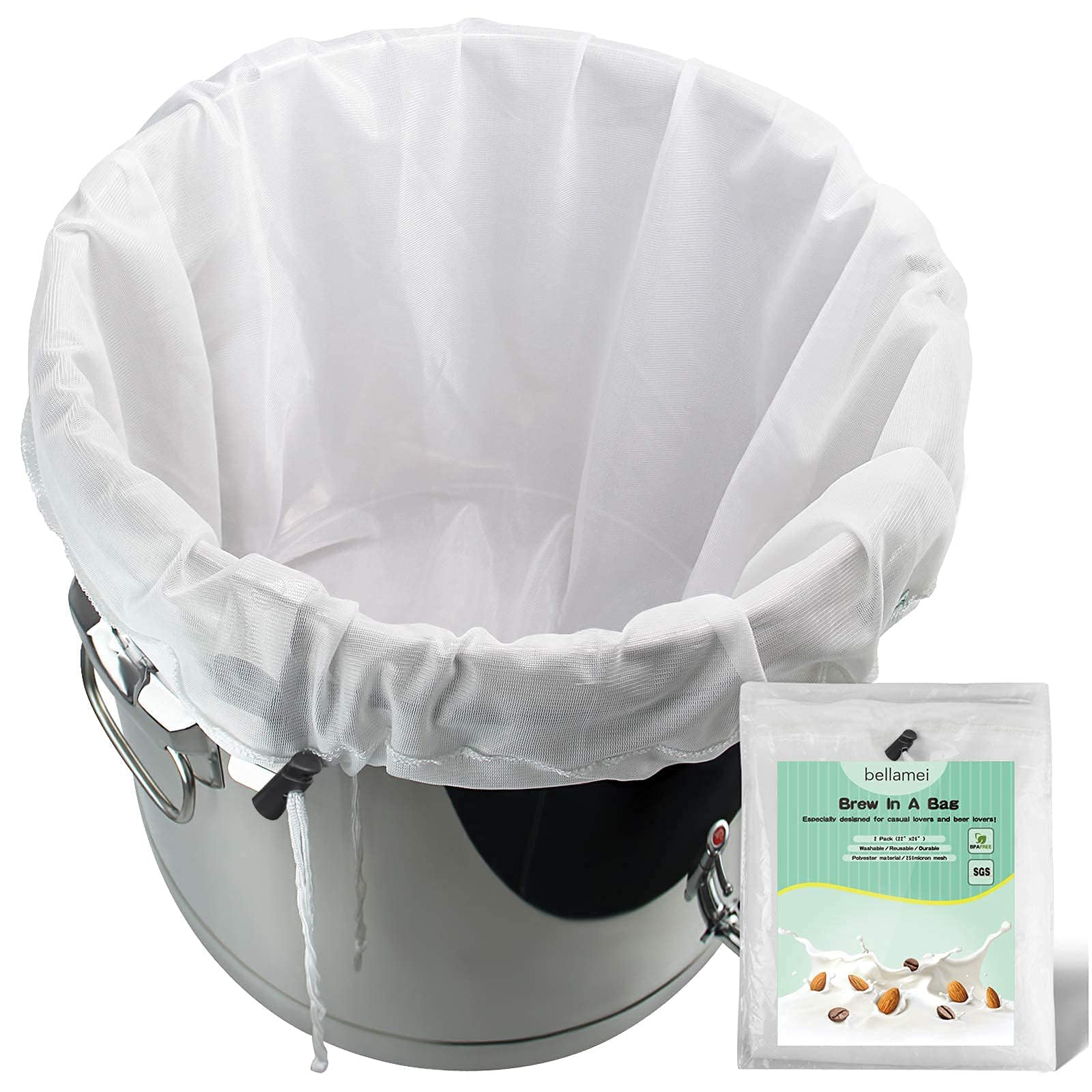 Bellamei Brew Bags Extra Large Reusable 2 Pack 250 Micron Fine Mesh Bag for Fruit Cider Apple Grape Wine Press Drawstring Straining Brew in a Bag (2 pack-22"x26")