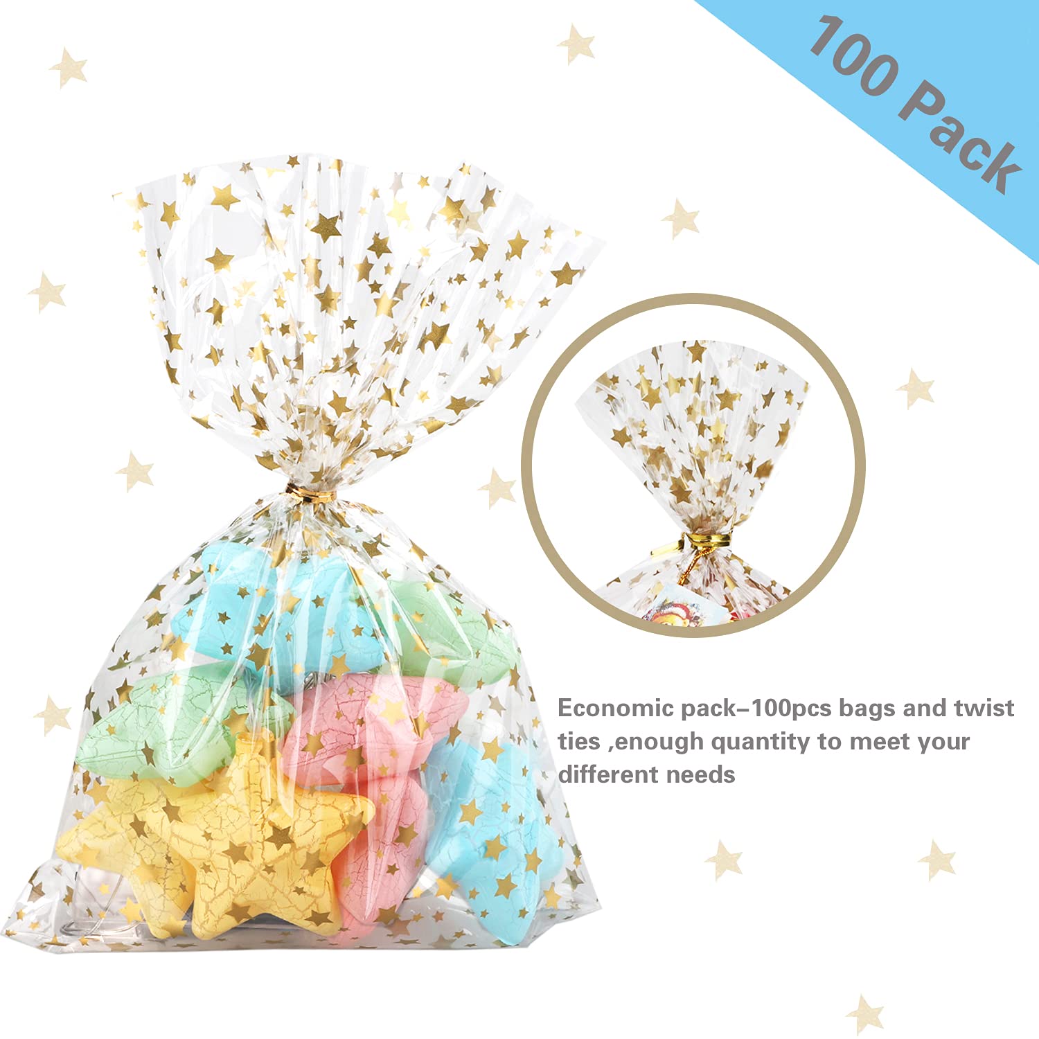 COQOFA 100 Pcs Star Printed 5"X 7" Gift Wrap Cello Cellophane Treat Bags Party Favor bags Clear Candy Cookie Bag Plastic Poly Goodie Storage Bag with Twist Ties for Bakery,Birthday, Wedding ,Party Decorations (Gold)