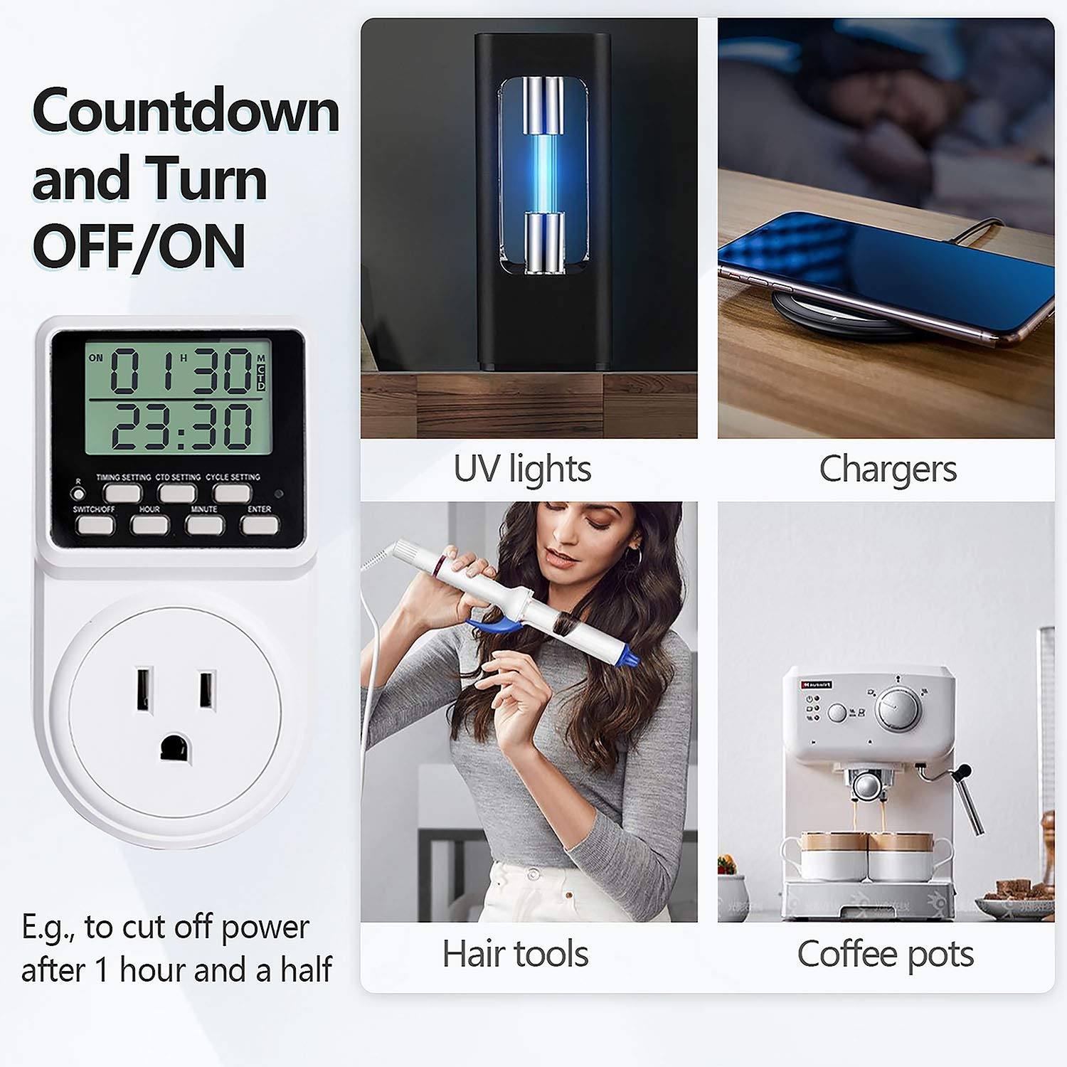 Techbee Digital Infinite Repeat Cycle Intermittent Timer Plug for Electrical Outlet, 24 Hour Programmable Indoor Timed Power Switch with Countdown Delay On and Off (120V, 15A), 1 pack