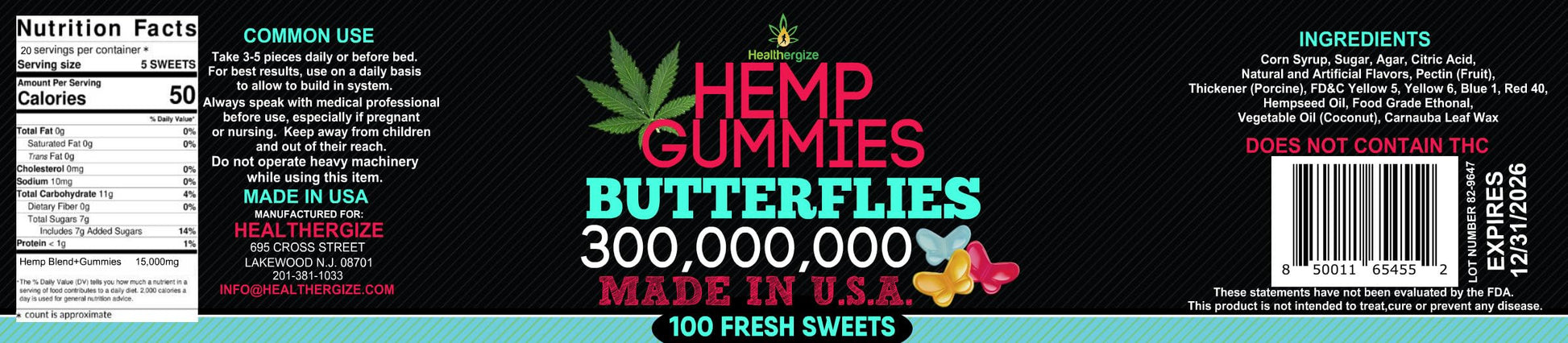 Healthergize Hemp Gummies Premium-Delicious Butterflies Gummy Bear Edibles-Fresh Fruity Flavors-Natural Candy Peace and Relaxation-for Sleep, Calm, Relax-Made in USA-100 Count
