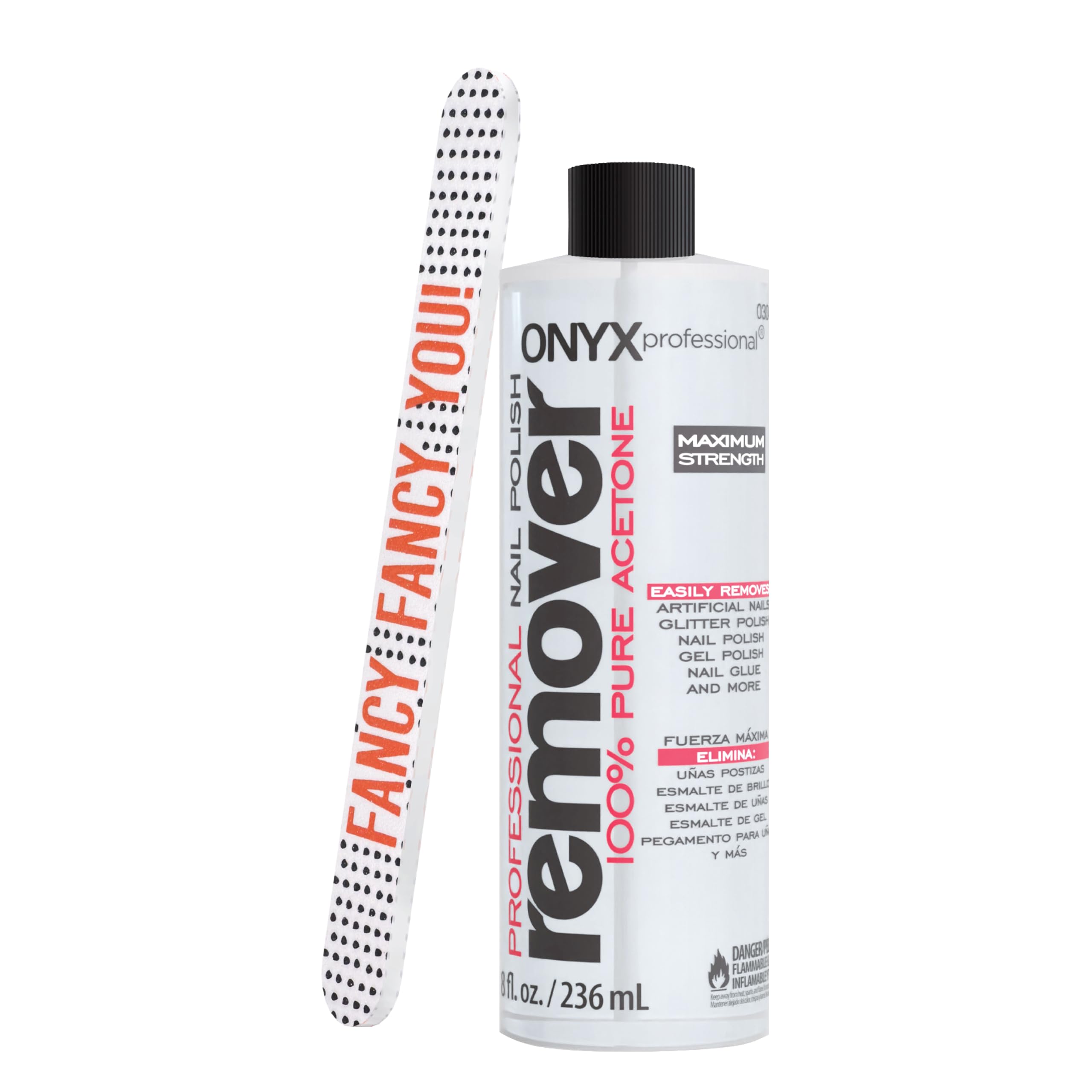 Onyx Professional طقم مزيل طلاء الأظافر أسيتون نقي 100% مع مبرد أظافر 7 بوصات، 8 أونصة سائلة - صنع في الولايات المتحدة الأمريكية، مزيل جل الأظافر الأقصى قوة، طلاء أظافر صناعي ولامع
