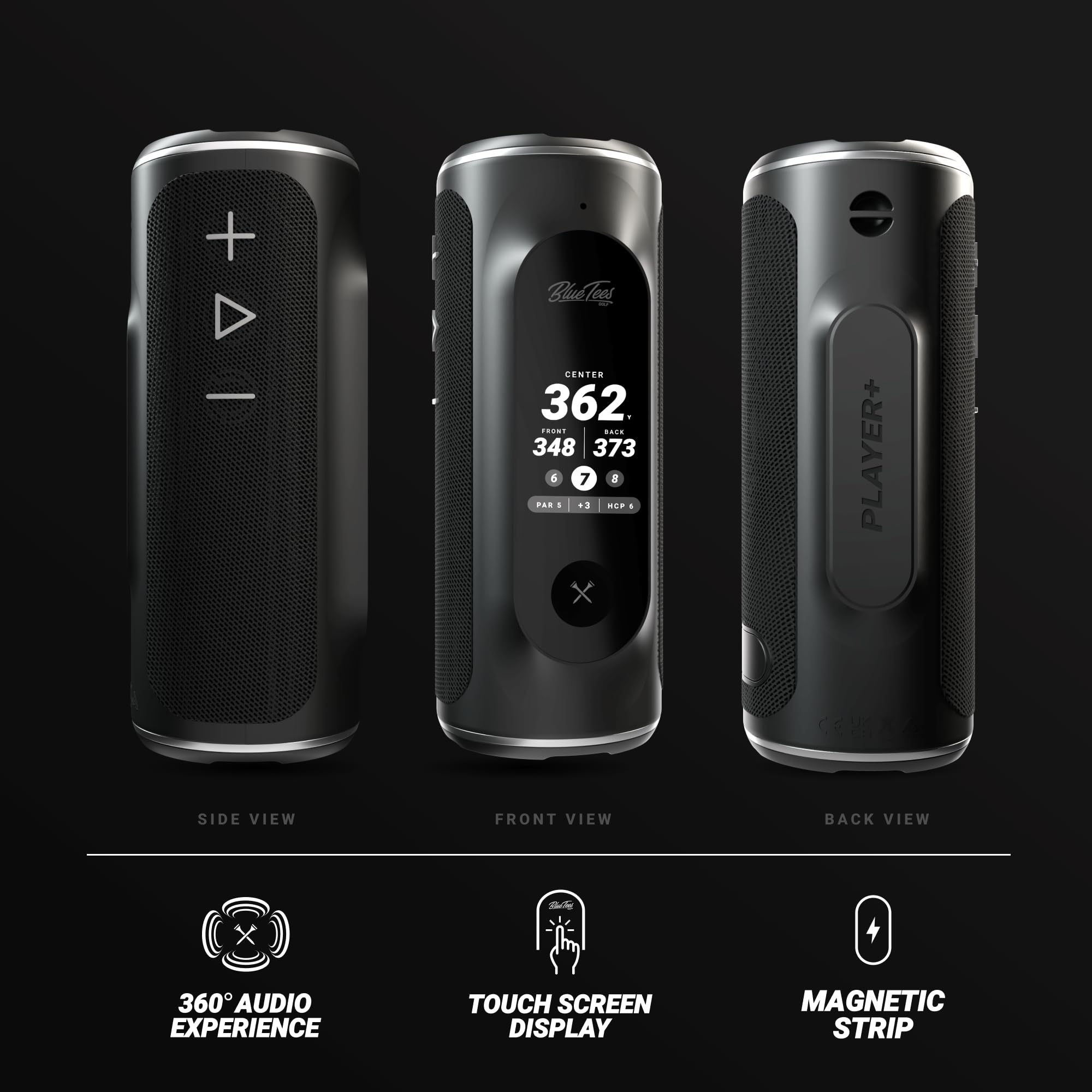 Blue Tees Golf Player+ GPS Speaker with Touch Screen Display, 10+ Hours Battery, 40,000+ Courses, Visual + Audible Distance, Hazard Distance - IPX7 Waterproof (Black)