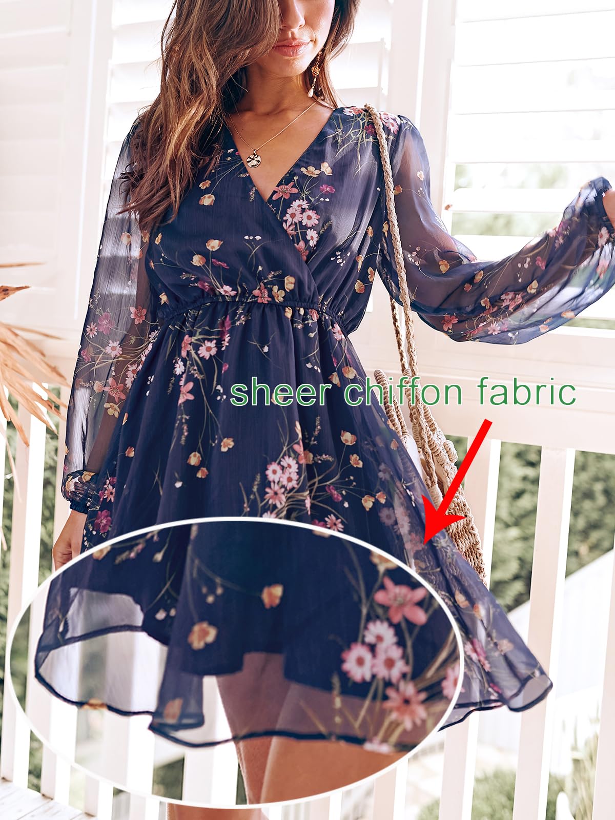 CUPSHE Women's Floral Print Sheer Chiffon A-Line Mini Dress Long Peasant Sleeves Elastic Autumn Dress,L