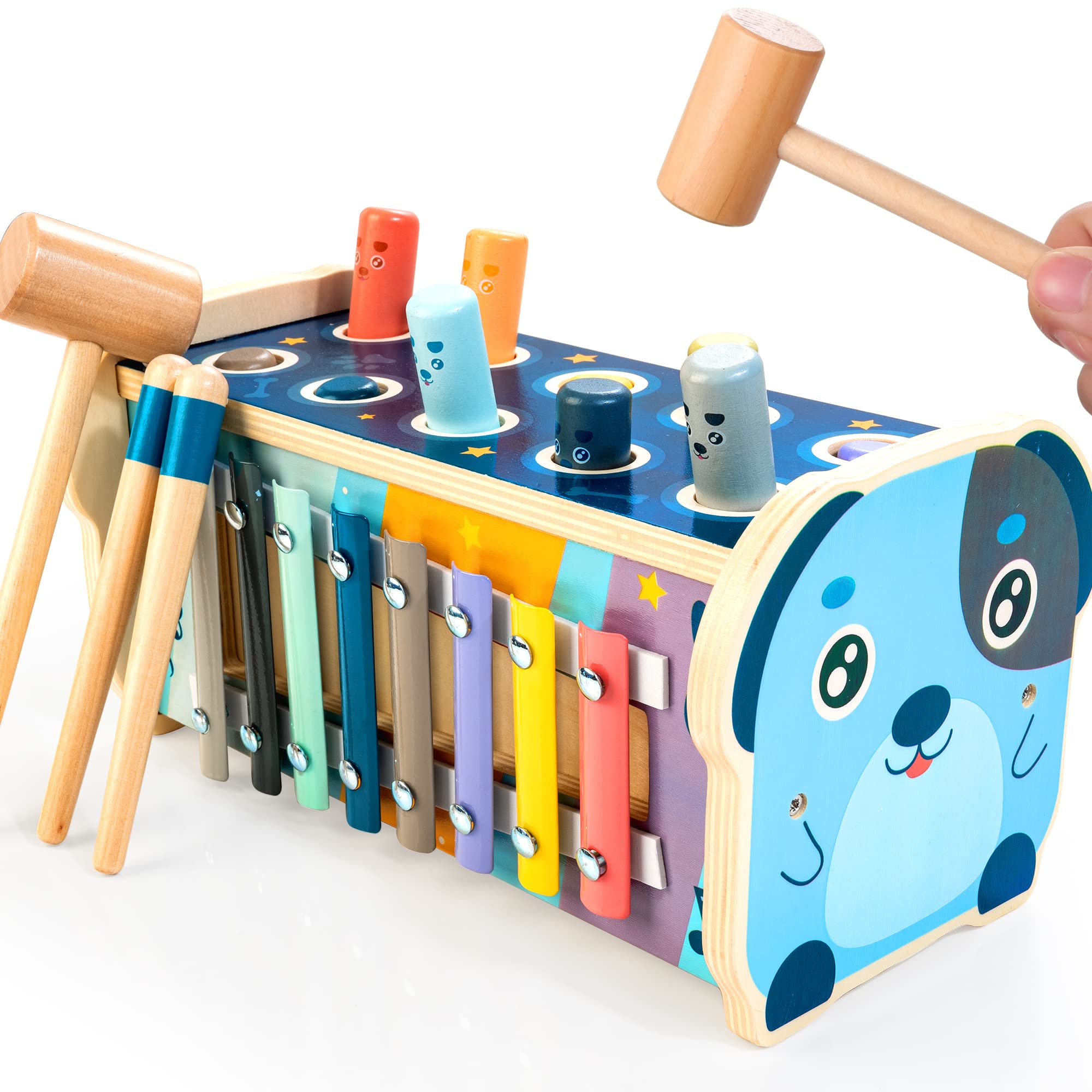 لعبة طفل المطرقة من مونتيسوري من KIDWILL للأطفال بعمر 1-2 سنوات، لوحة أنشطة ومطرقة خشبية مع إكسيليفون ومتاهة الأرقام ومقعد الطرق، ألعاب تعليمية كهدية للأطفال من عمر 1-3 سنوات