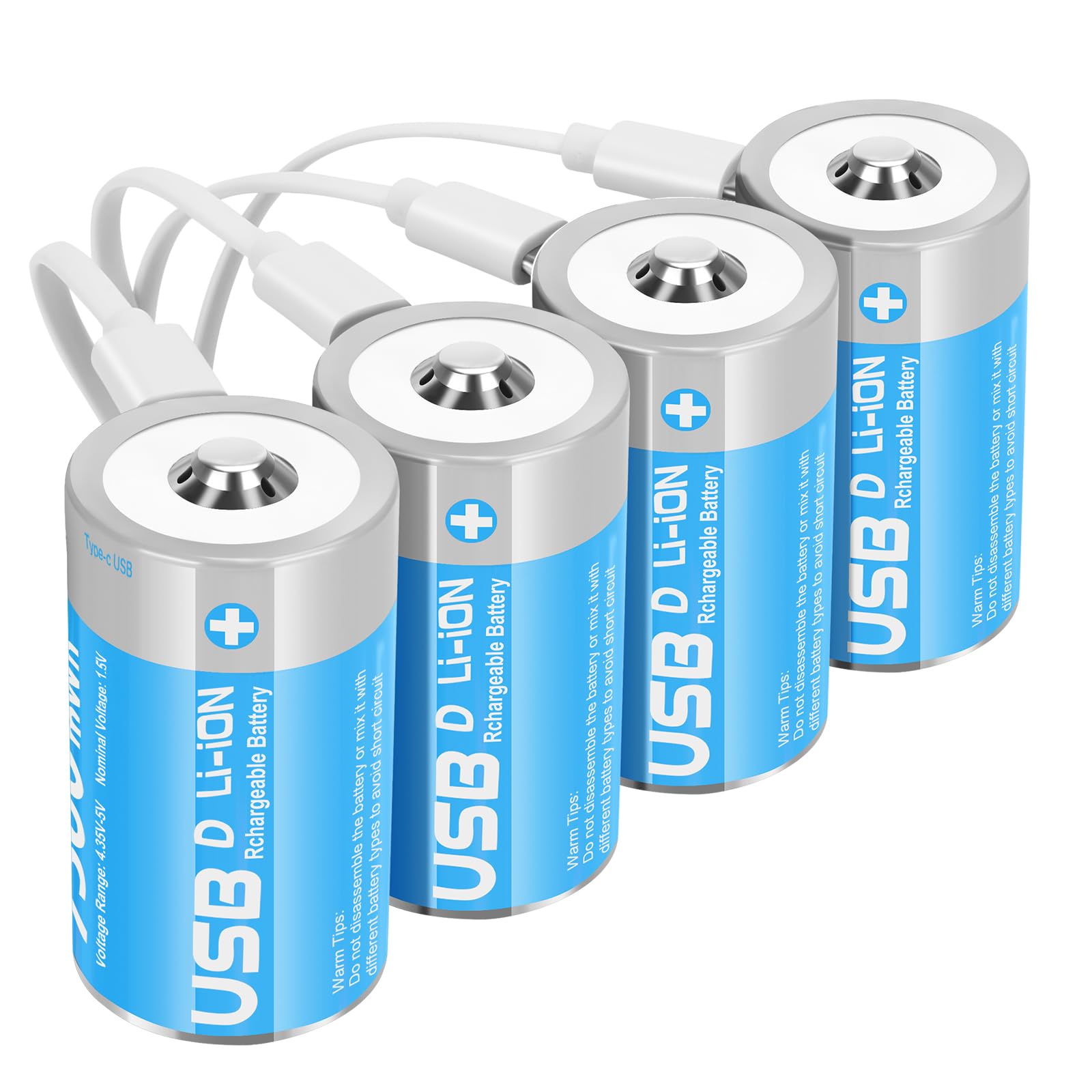 messule Rechargeable Lithium D Batteries with 4 in 1 USB-C Charge Cable,4 Pack D Cell Li-ion Battries,LR20 1.5V D Size Cell Battery Replacement 7500mWh for Floodlight Toys(4 Pcs)