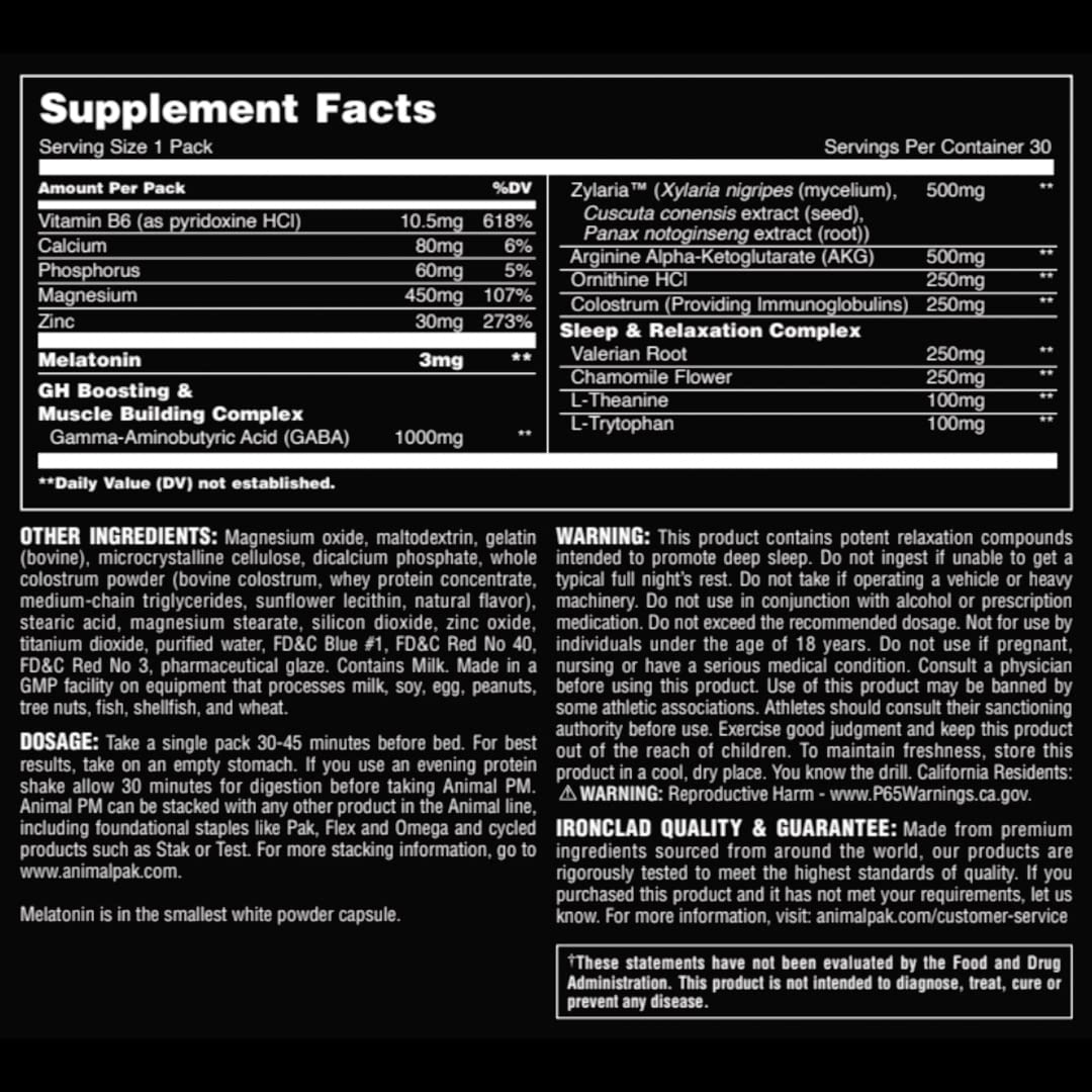 Animal PM - Sleep Aid for Adults Non-Habit Forming Relaxation Enhancer and Mood Support with Melatonin, L-Theanine, Zylaria, Zinc, Magnesium, Vitamin B6, GABA + AKG Anabolic Stack Supply, 30 Count