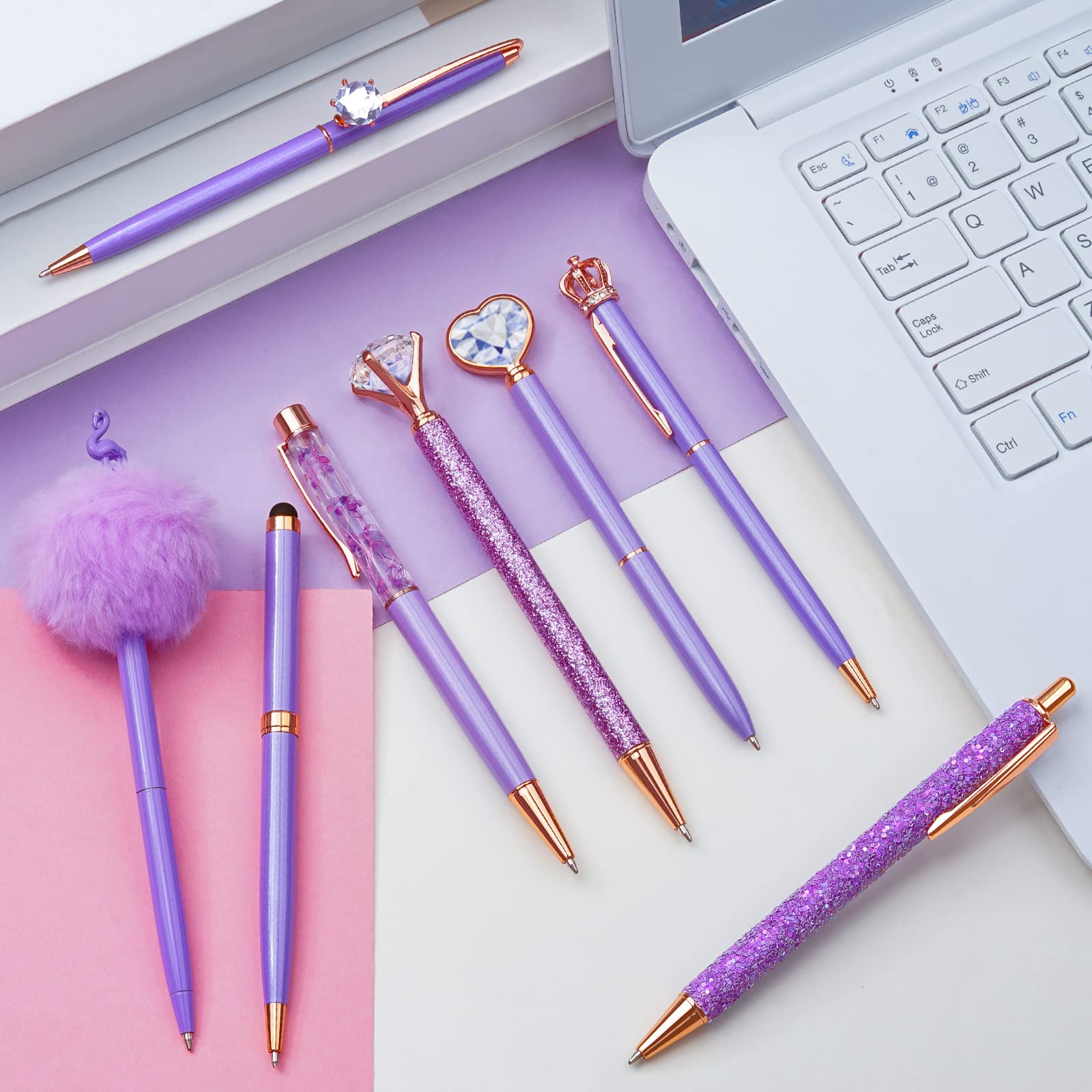 WEMATE 8Pcs Purple Pens, Metal Crystal Diamond Pen with Black & Blue Ink, Pens for Journaling, Office Supplies Fancy Pens for Women, Back to School Supplies for Girls Birthday (Purple)