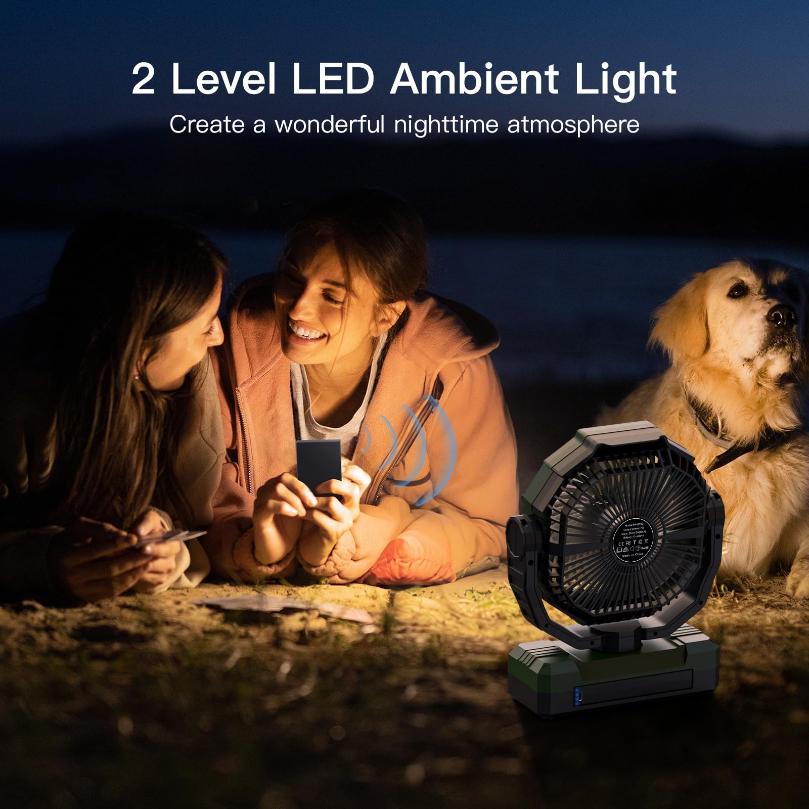 FRIZCOL 3-in-1 Camping Fan - Portable Fans Rechargeable - 24000mAh Battery Powered Fan(140Hrs) with Light & Remote for Indoor, Outdoor, Tent, Travel, BBQ, Fishing, Jobsite - Green