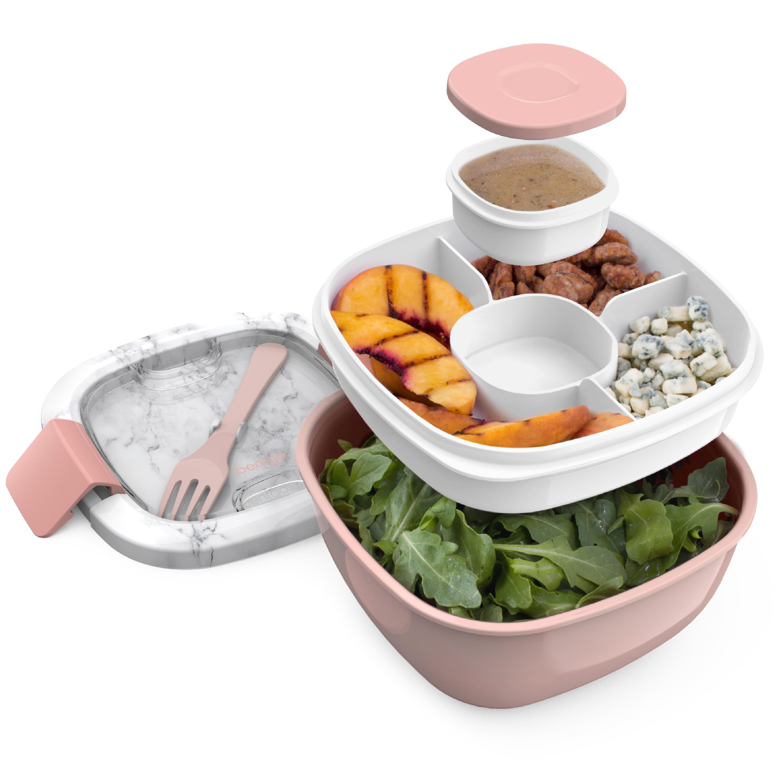 Bentgo Salad Container - 54 oz Bowl with 4-Compartment Toppings Tray, Dressing Container, Reusable Fork, BPA-Free Lunch Box for Meal Prep & Food Storage; Removable Bento Tray (Blush Marble)