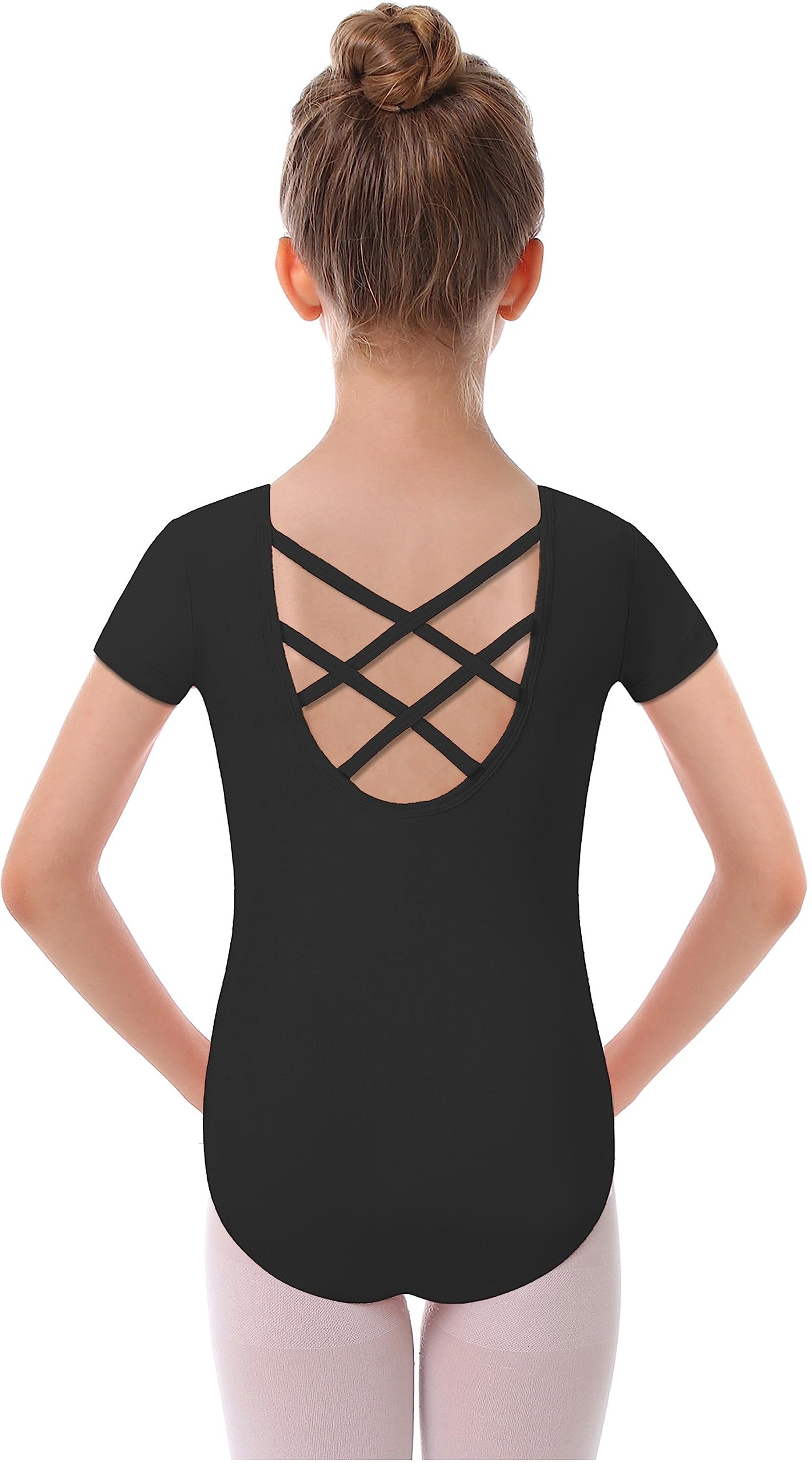 MdnMd Black Leotards for Girls Kids Dance Ballet Gymnastic Outfit Short Sleeve Leotard with Cross Back (Black, Age 6-7)
