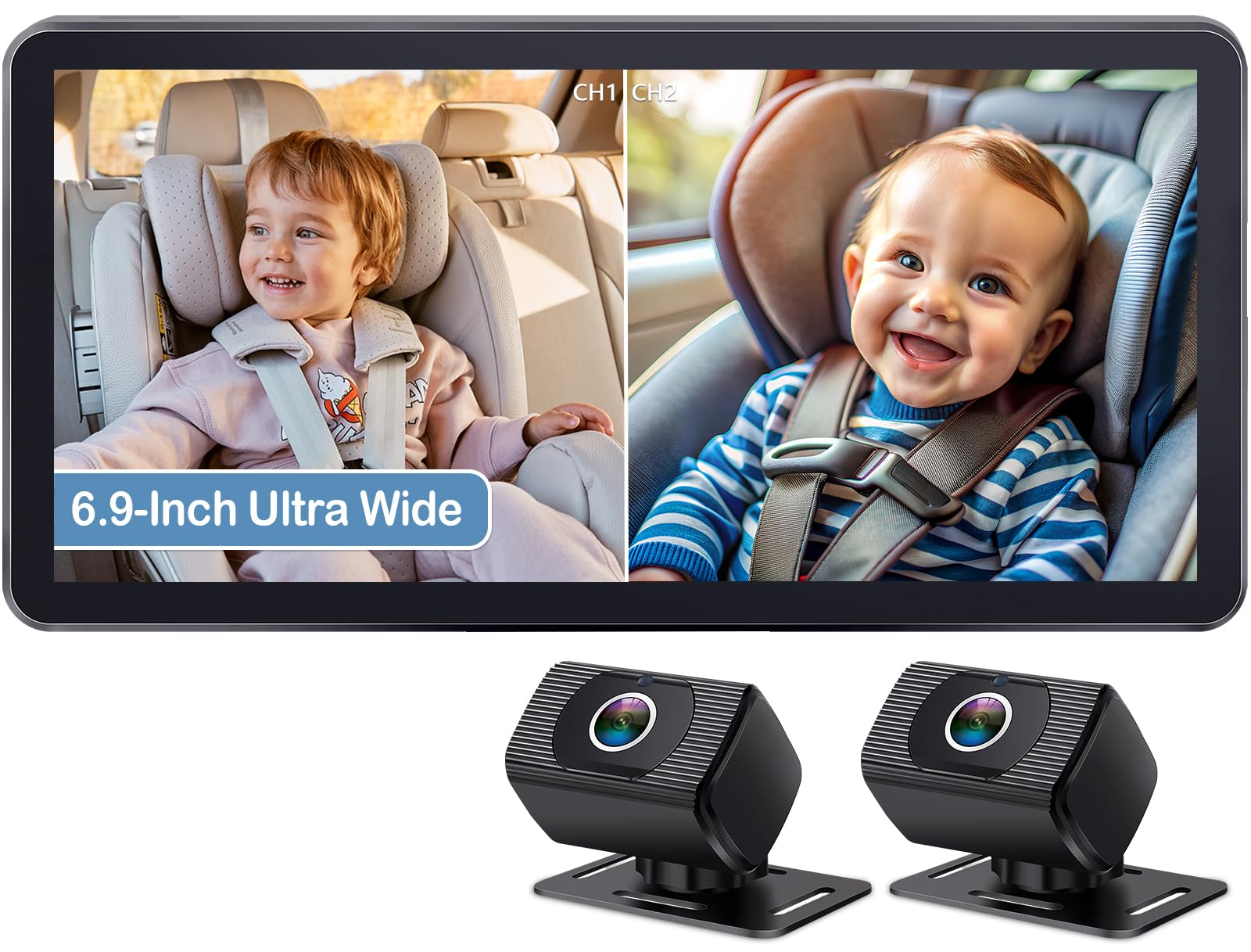 Yakry 2-Kids Baby Car Camera for Seat: 6.9 Inch Ultrawide Display with Two Cameras Rear Facing - USB Powered Backseat Camera HD 1080P Easy to Install