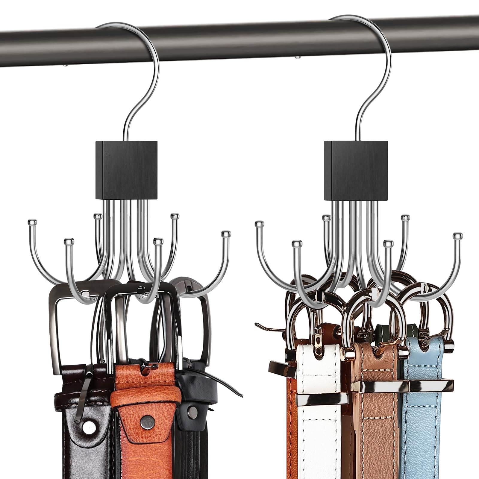 Belt Hanger, Belt Organizer for Closet 360 degrees Rotatable Max 48 Belt Storage Rack Space Saving Closet Organizers and Storage for Belt, Bra, Tank Top, Tie, Scarf, Purse 2Pcs