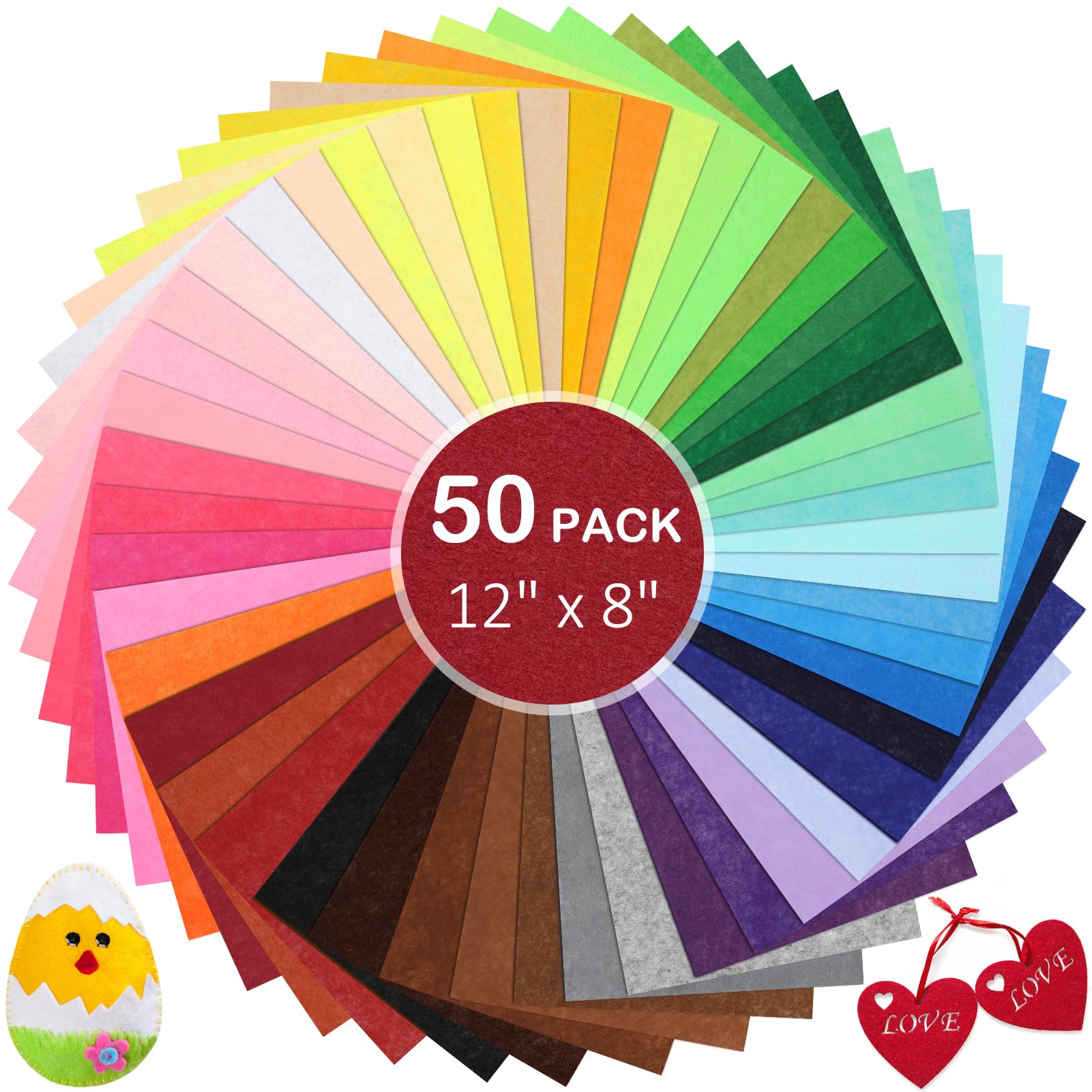 KaKaPops Thin Felt Fabric Sheets, Assorted Colors Stiff Felt Sheets for Crafts DIY Patchwork Sewing Projects Decoration (Stiff 50 Colors, 8x12 inches)