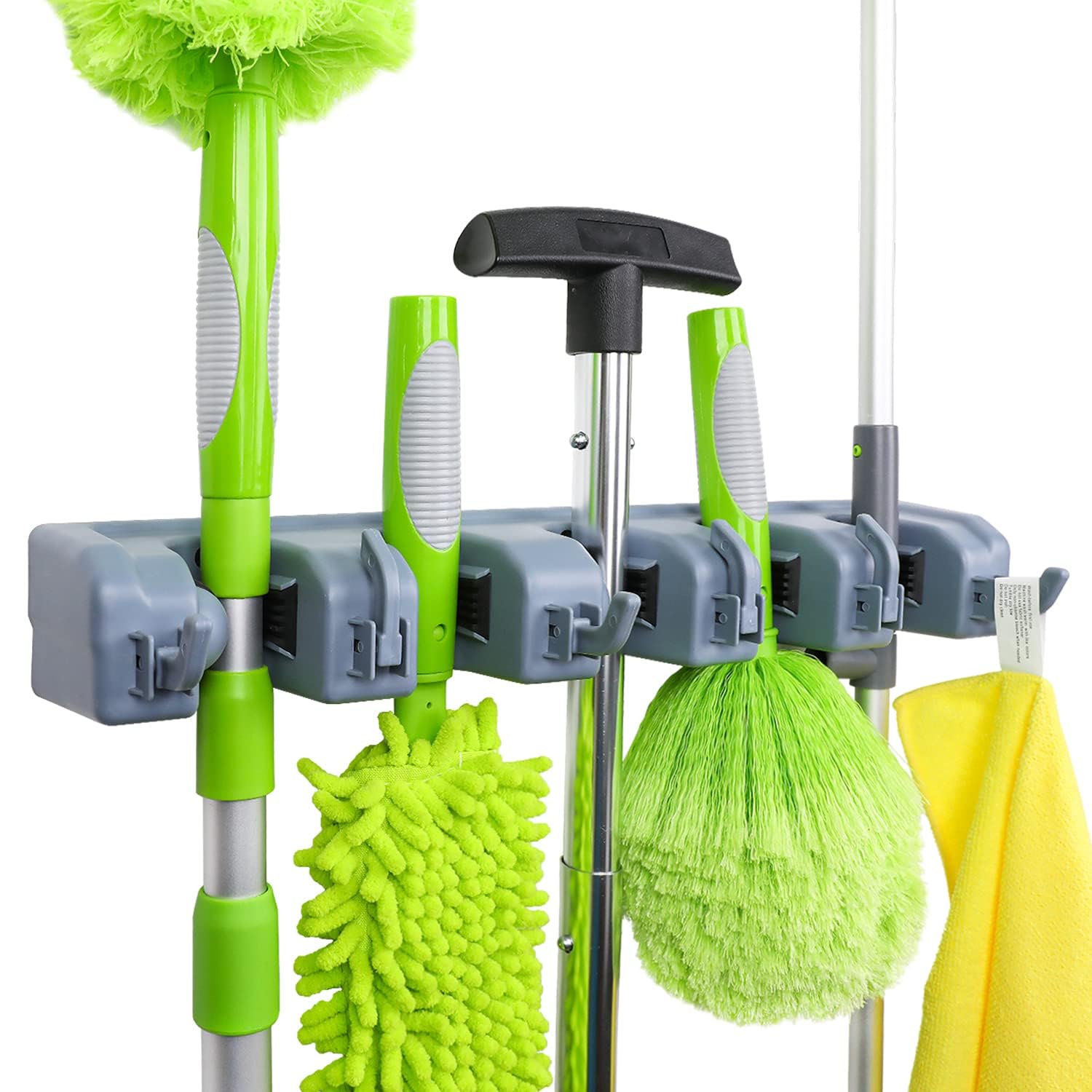 Basics Rectangular Heavy Duty, Wall Mount Storage Broom, Mop Holder or Tool Organizer with Hooks and Slots for Home, Garage, Garden, Laundry, or Kitchen, 2.36 x 16.9 x 3.35 in, Gray