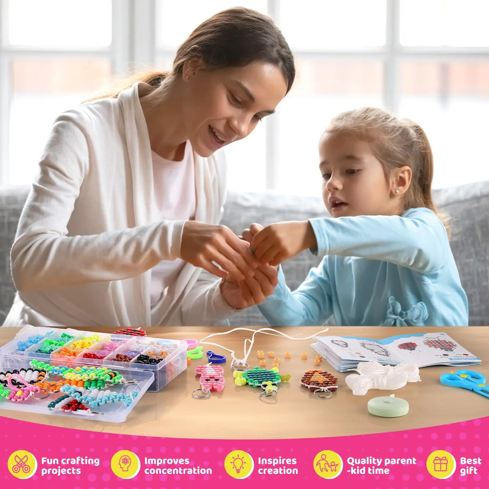 Funtopia Beads for Crafts, Pony Beads Keychain Making Kit, Bead Pets Art Crafts for Kids Beginners, Birthday Party DIY Craft for Girls Boys (1500 Beads, 30 Designs)