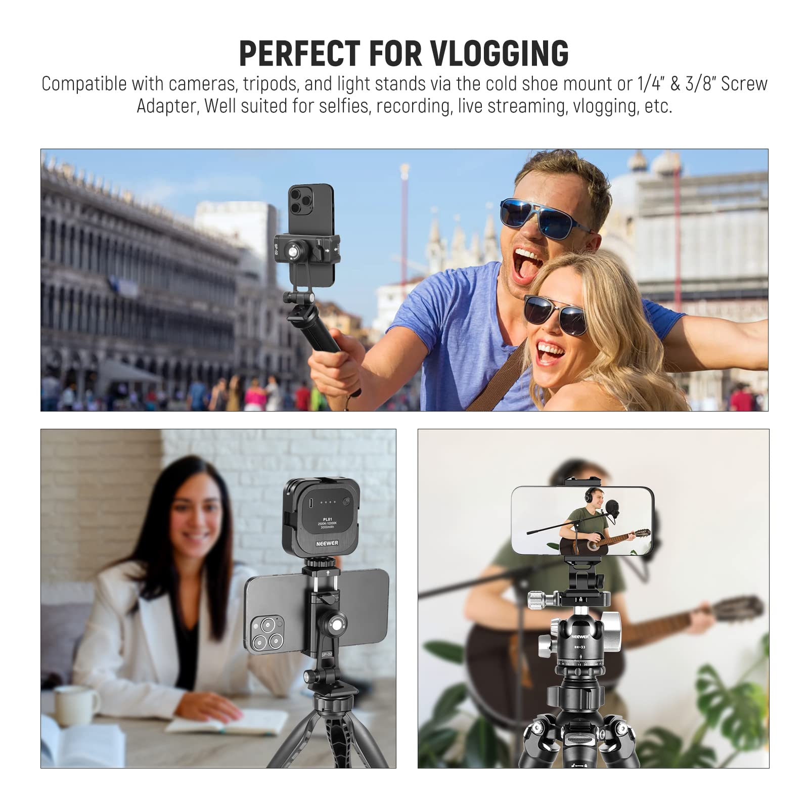 NEEWER Metal Phone Tripod Mount Adapter with Arca QR Base, Cold Shoe, 360° Swivel 180° Tilt, Phone Holder Compatible with iPhone 15 Pro Max Galaxy S24