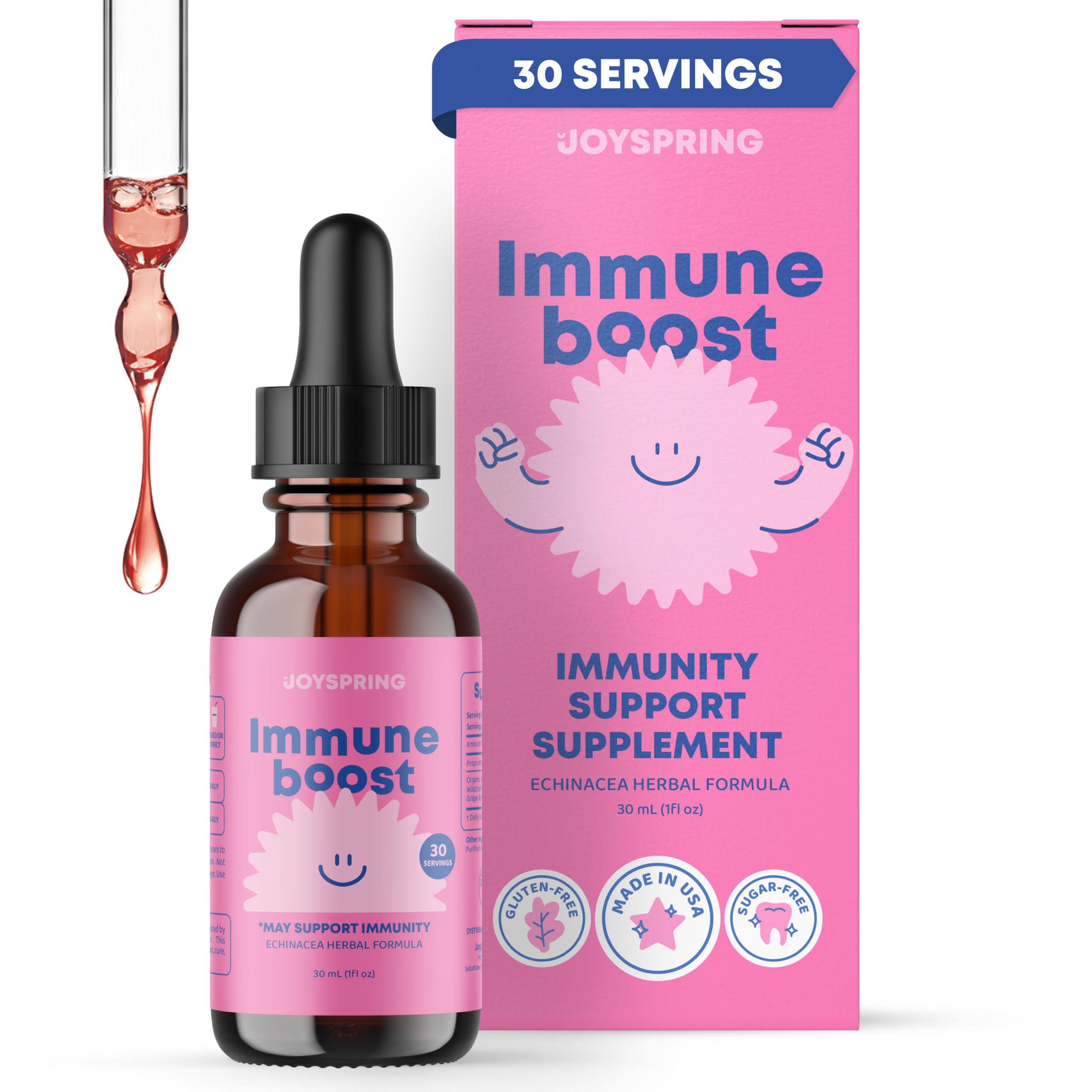 JoySpring Immune Drops - Kids’ Immunity Support Supplement (1 fl oz, 30 Servings) with Organic Elderberry Liquid, Echinacea, Oregon Grape Root & Orange Peel for Ages 2-16+ Years and Adults.