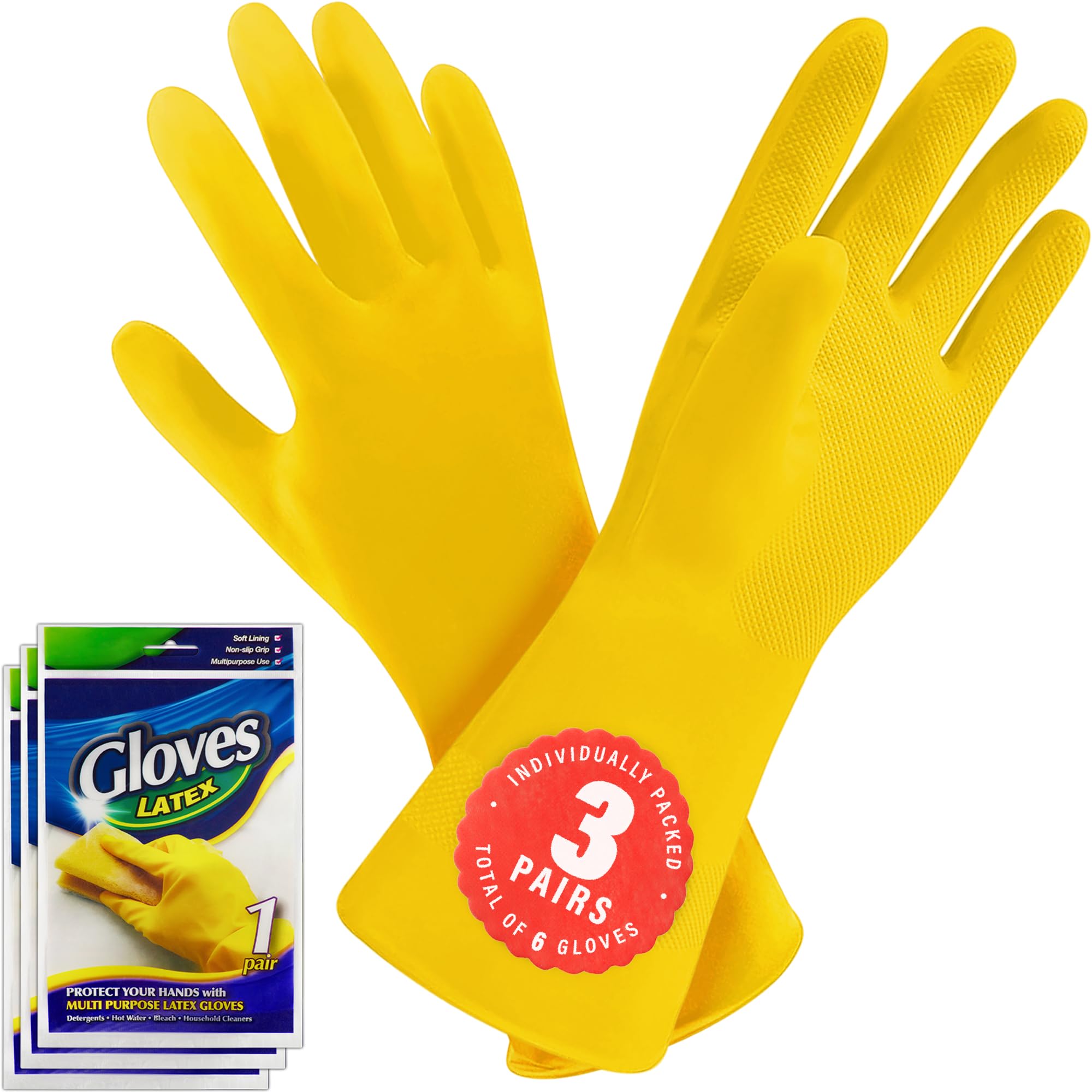 SteadMax 3/6 Pairs Cleaning Gloves, Reusable Natural Rubber Dish Gloves, Waterproof Latex Non-Slip Dishwashing Gloves for Kitchen and Household (Large, 3 Pack)