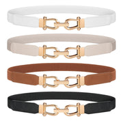 WERFORU Women Skinny Belt for Dresses Retro Stretch Waist Belt with Gold Buckle Set of 4,Black+Brown+White+Beige
