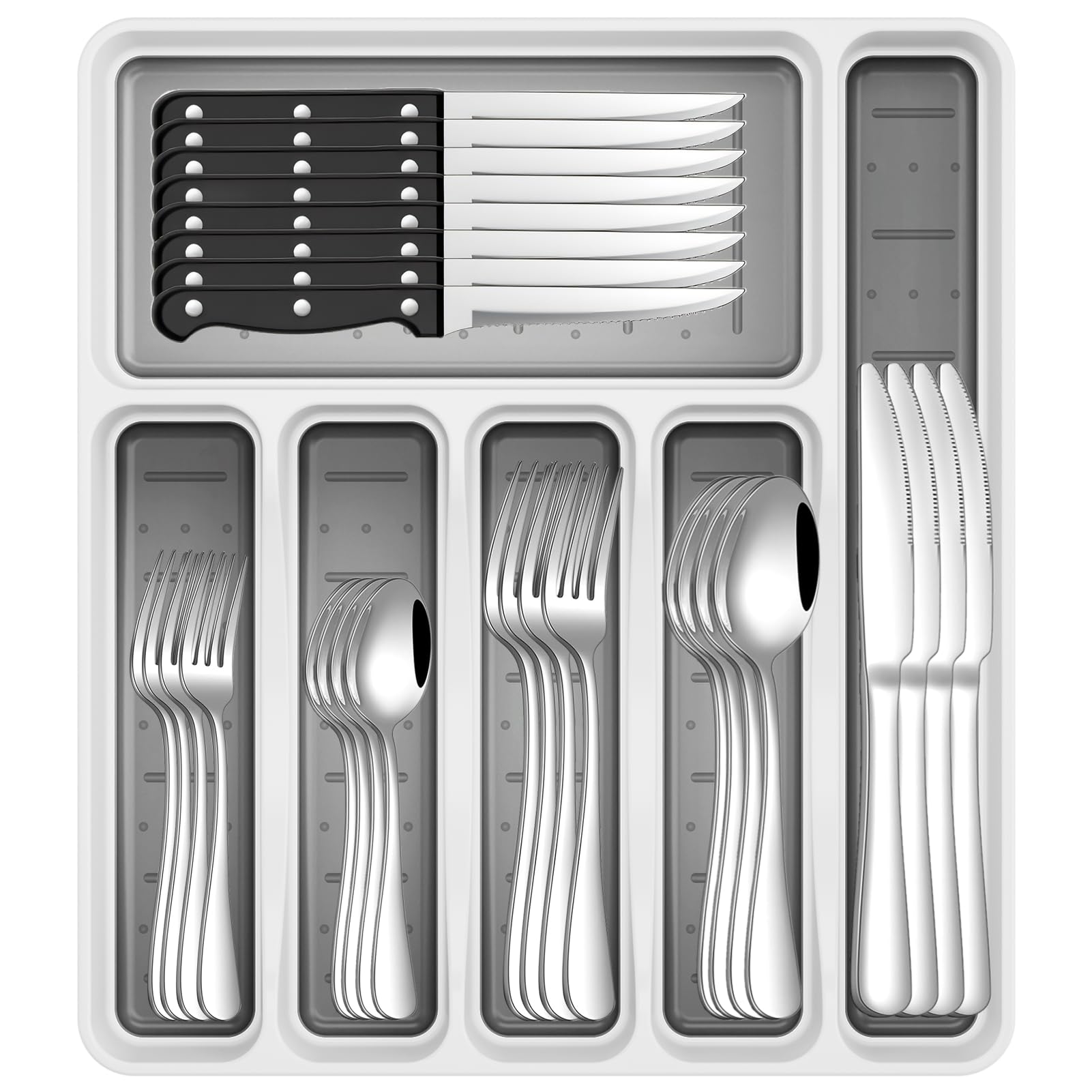 49-Piece Stainless Steel Silverware Set with Cutlery Organizer, Service for 8 with Steak Knives and Kitchen Utensils