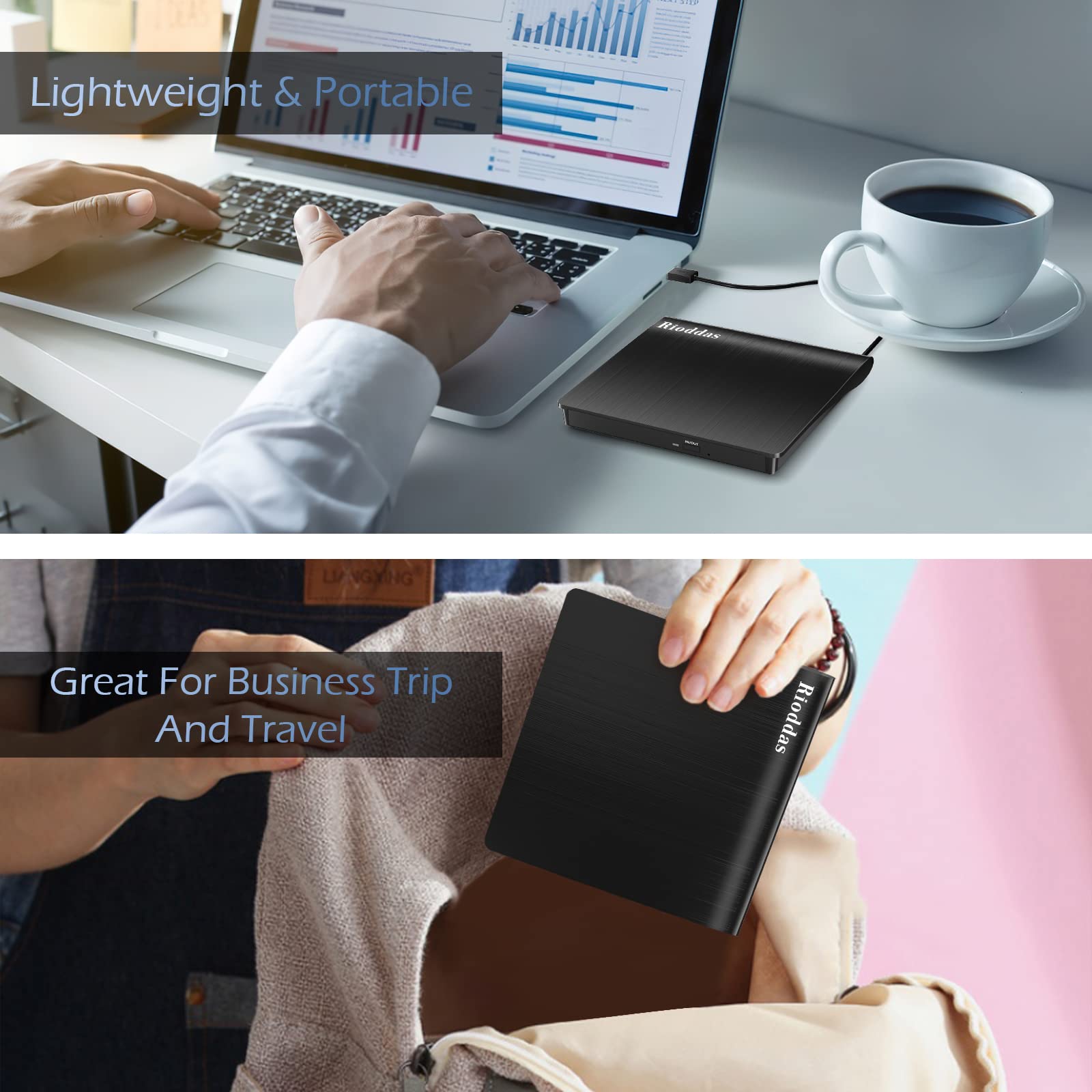Rioddas External CD/DVD Drive for Laptop, USB 3.0 CD DVD Player Portable +/-RW Burner CD ROM Reader Writer Disk Duplicator Compatible with Laptop Desktop PC Windows Apple Mac Pro MacBook Linux