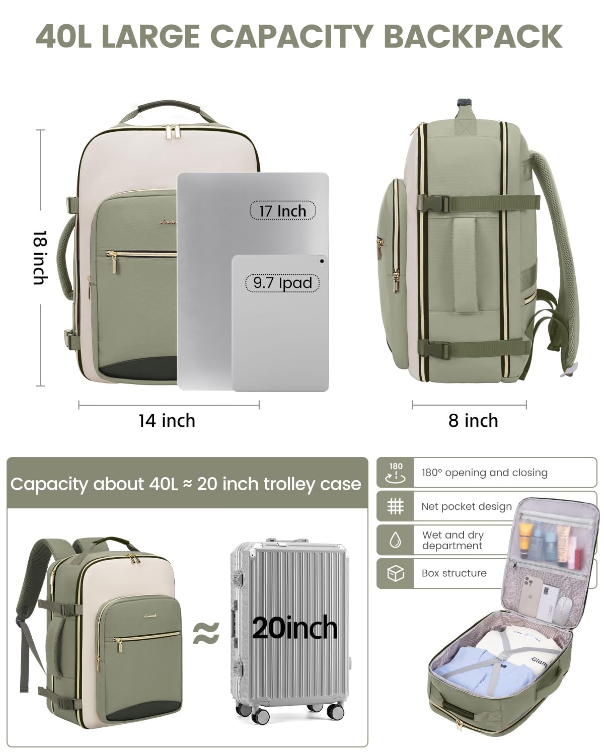 LOVEVOOK 40L Travel Backpack for Women & Men, Airline Approved Carry On Luggage with 3 Packing Cubes, TSA Overnight Bags, Waterproof Personal Item Bag, Weekender Essentials Backpacks fits 17" Laptop