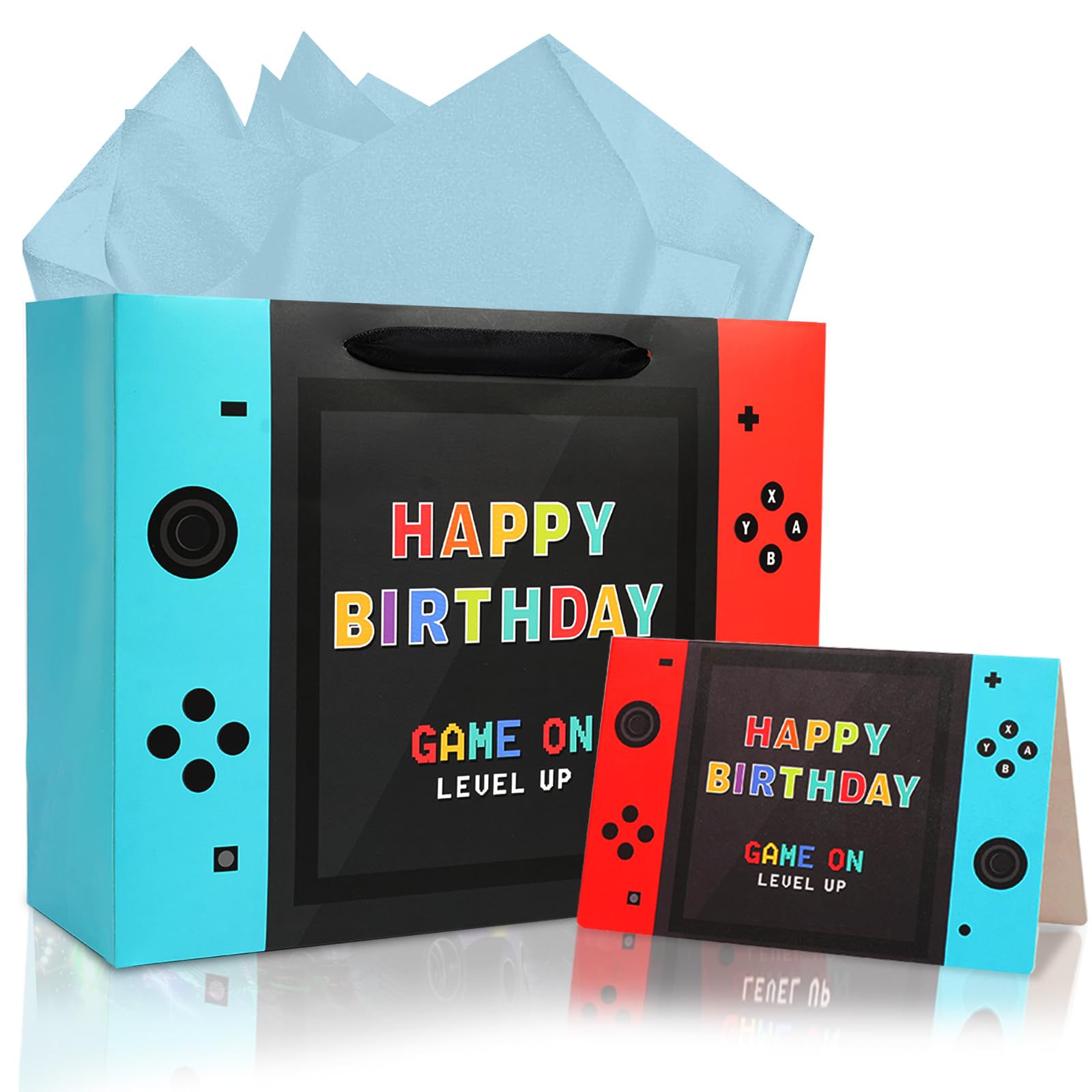 JOARHONAL Video Game Birthday Gift Bag - 13" Large Happy Birthday Gift Bag with Tissue Paper and Card for Boys Kids Video Game Birthday Party Supplies