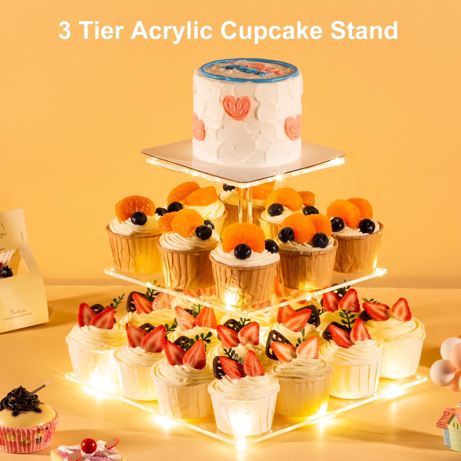HENABLE 3 Tier Cupcake Stand Cupcake Holder, Acrylic Cupcake Tower with LED Yellow Light for 24 Cupcakes, Dessert Table Display Set for Birthday, Bar, Decor Weddings, Parties Events