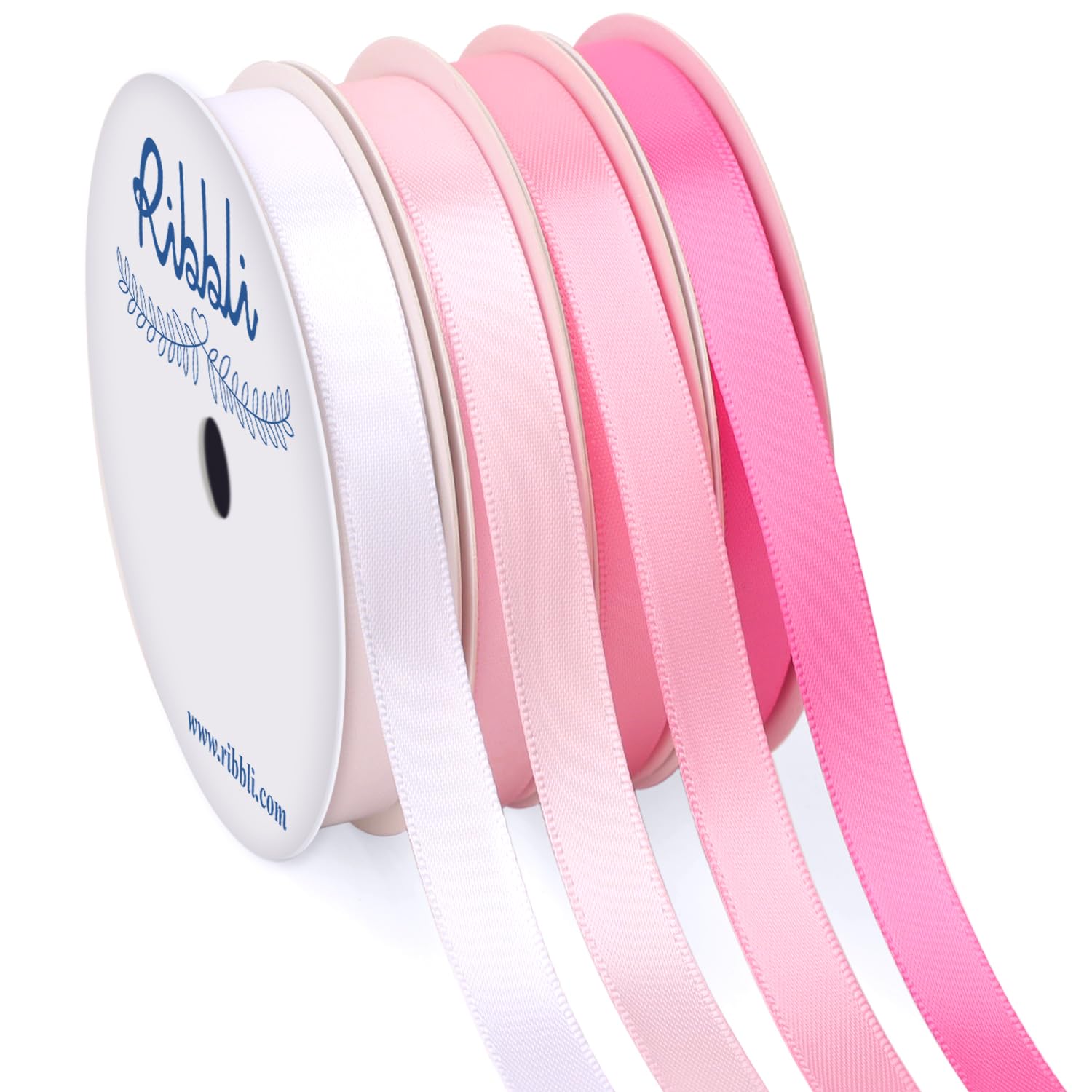 Ribbli Pink Satin Ribbon 3/8 Inch x 4 Rolls Total 40 Yards- White Pink Ribbon for Gift Wrapping Craft Wedding Decoration
