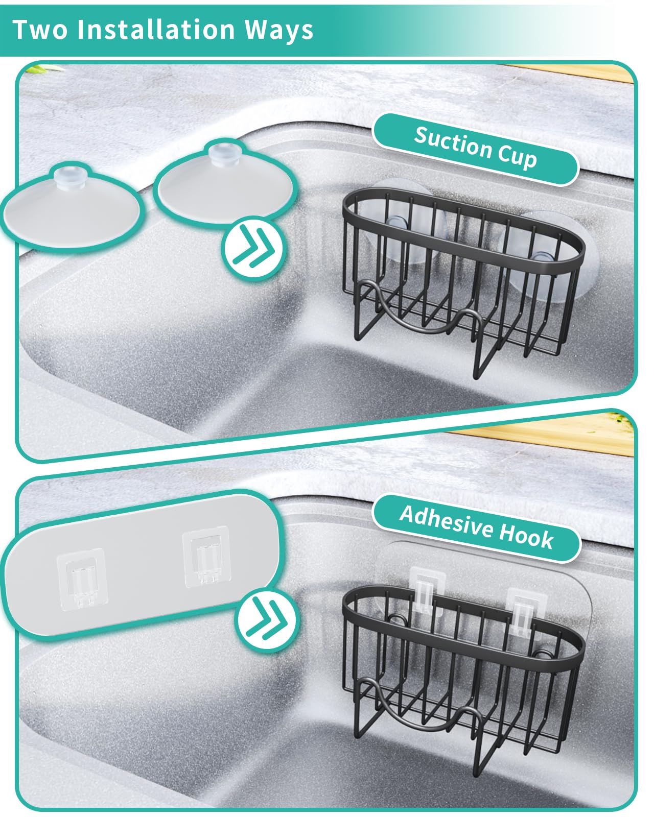 HapiRm Multifunctional Sponge Holder with Unique M-Shaped, 2 Installation Methods Kitchen Sink Caddy Organizer, Rustproof Stainless Steel Sponge Caddy for Brush, Sink Stopper and Scraper -Black