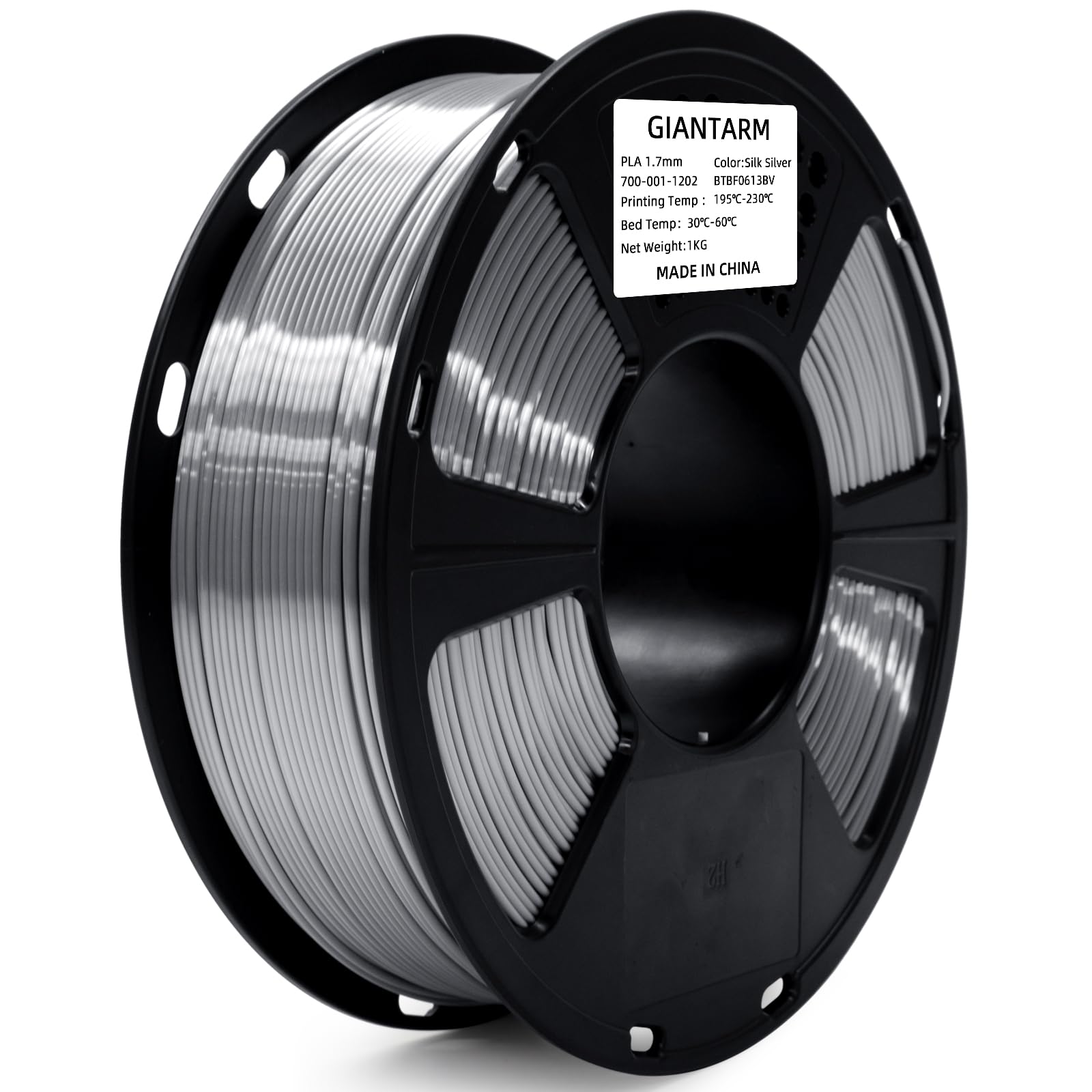 GIANTARM Silk Metallic Silver PLA 3D Printer Filament 1kg Spool, 1.75mm Dimensional Accuracy +/-0.03mm, 1080 Feet per Roll, Vacuum Packaging