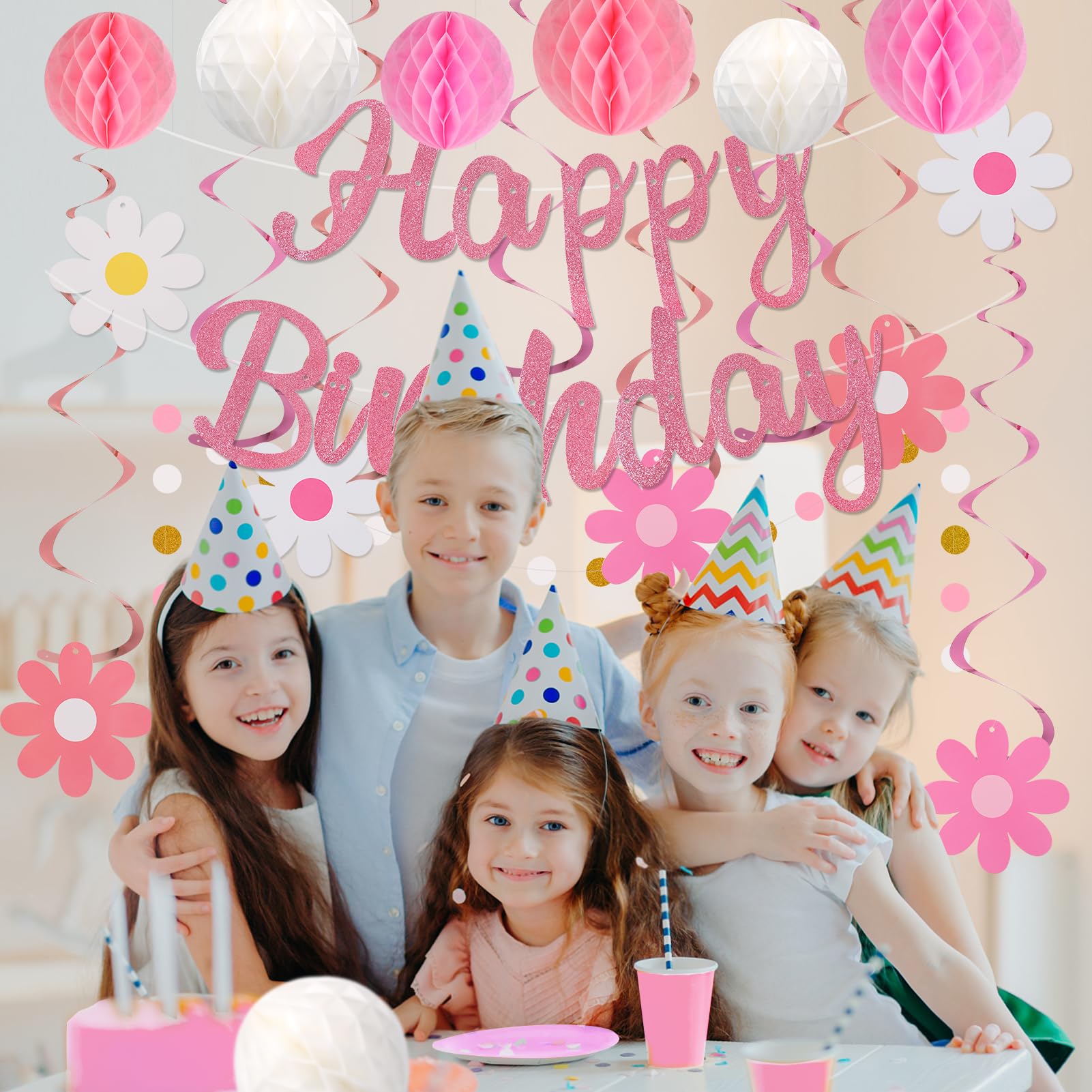YEOCU Birthday Decorations, NO DIY, Pre-Strung Happy Birthday Banner with Honeycomb Balls, Hanging Swirls, Circle Dots Garland, Happy Birthday Party Decorations for Women Men Boys Girls (Pink)