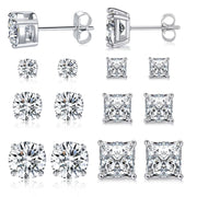 6 Pairs Earrings Set for Men 316L Stainless Steel 3/5/7mm CZ Round and Princess Square Ear Piercing Studs Hypoallergenic Jewelry (white)
