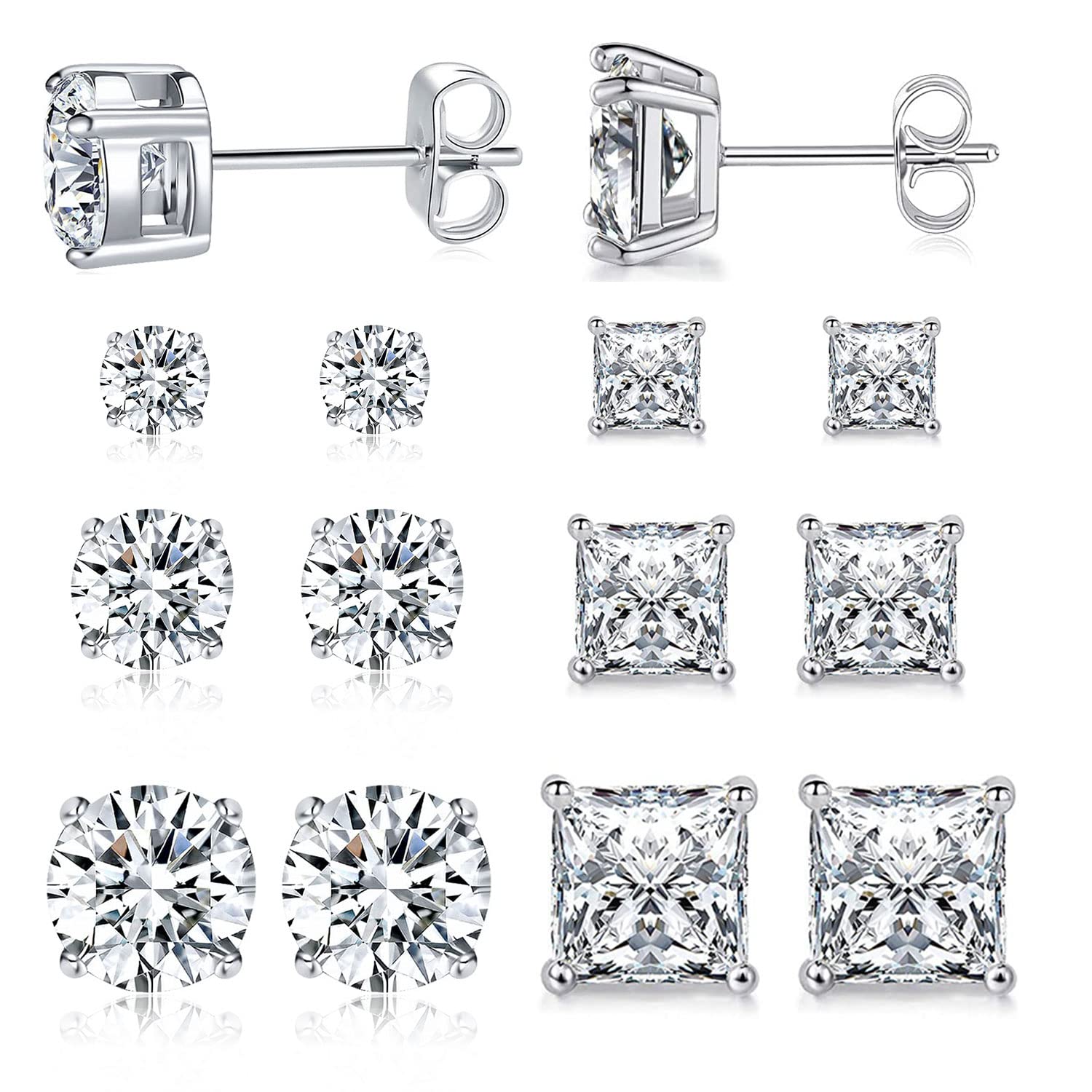 6 Pairs Earrings Set for Men 316L Stainless Steel 3/5/7mm CZ Round and Princess Square Ear Piercing Studs Hypoallergenic Jewelry (white)