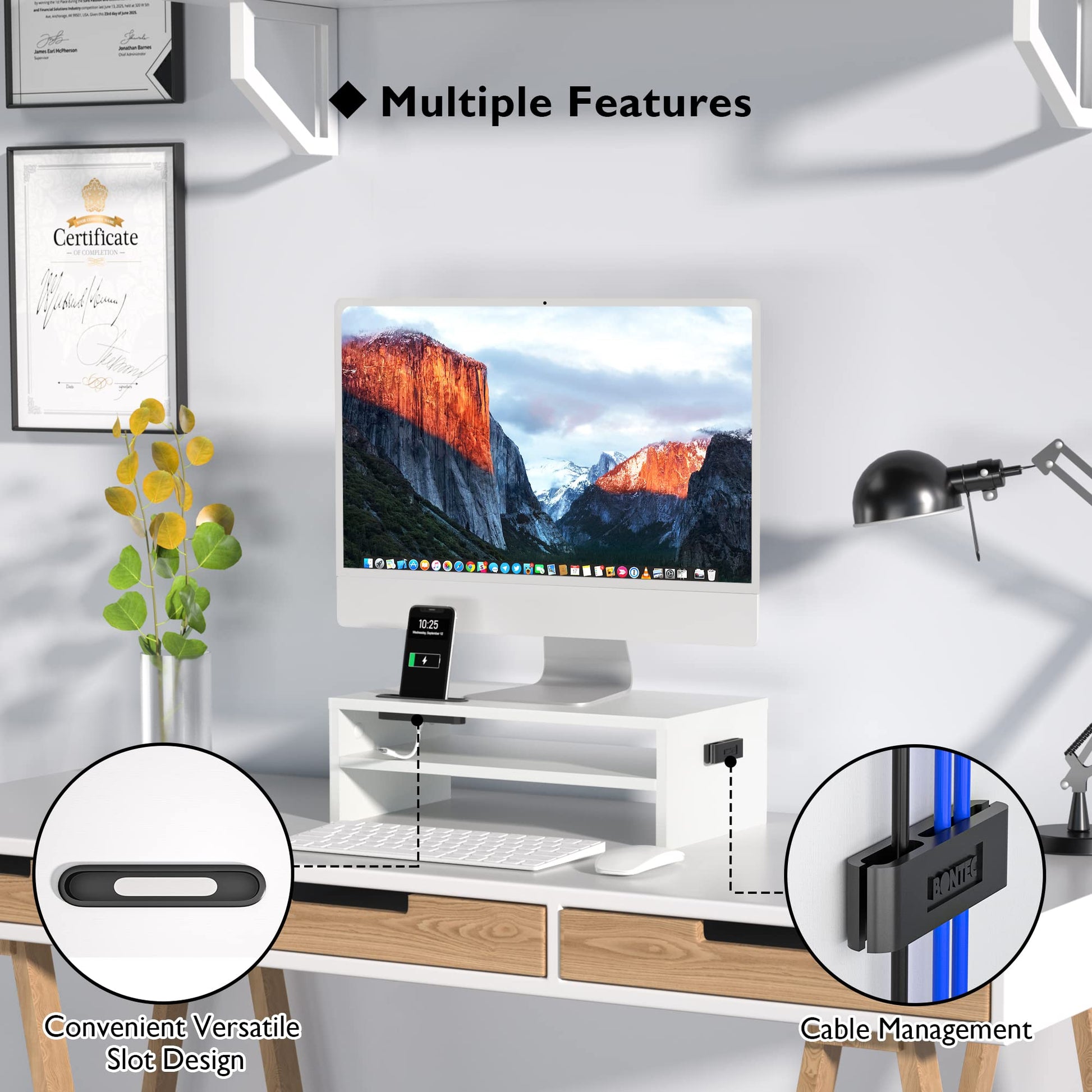 BONTEC Wooden Monitor Stand Riser, 2-Tier Desk Shelf with Storage Organizer, Ergonomic Computer Stand with Cable Management, Cellphone Holder, White, 16.5 Inch
