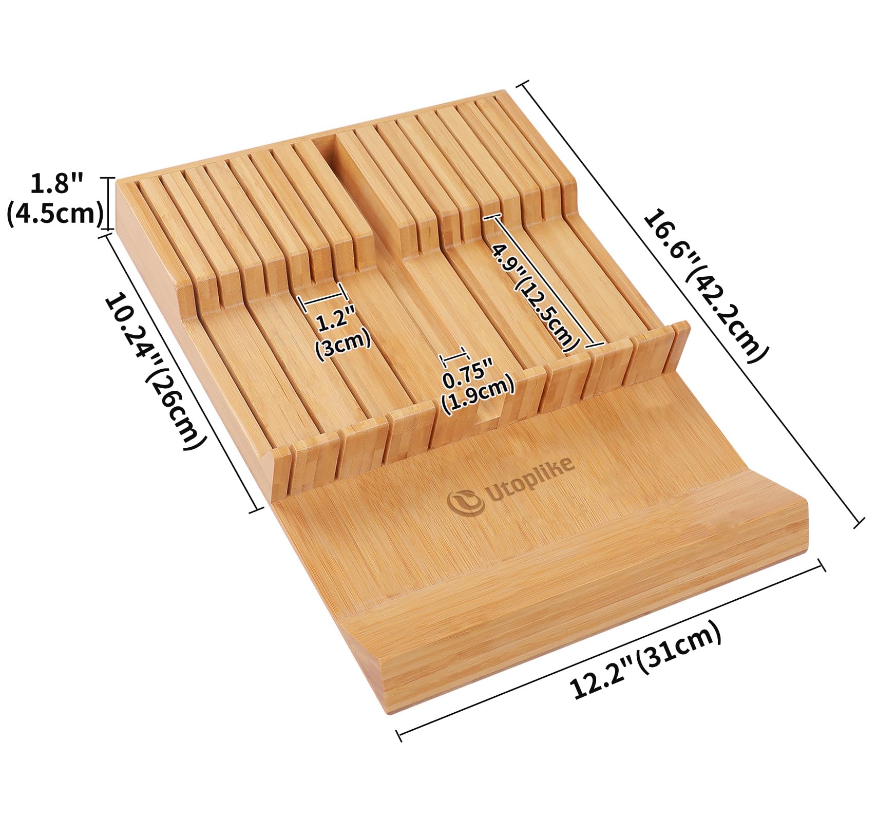 Utoplike In-drawer Knife Block Bamboo Kitchen Knife Drawer Organizer, Large handle Steak knife Holder without Knives, Fit for 16 knives and 1 Sharpening Steel (Not Included)
