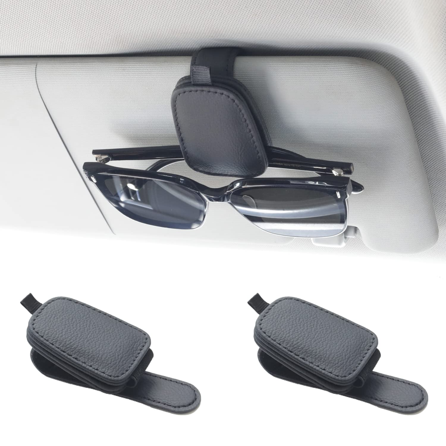 Yuoyar Sunglass Holder for Car, Magnetic Leather Sunglasses Holder and Ticket Card Clip, Car Visor Accessories, 2 Packs (Black)