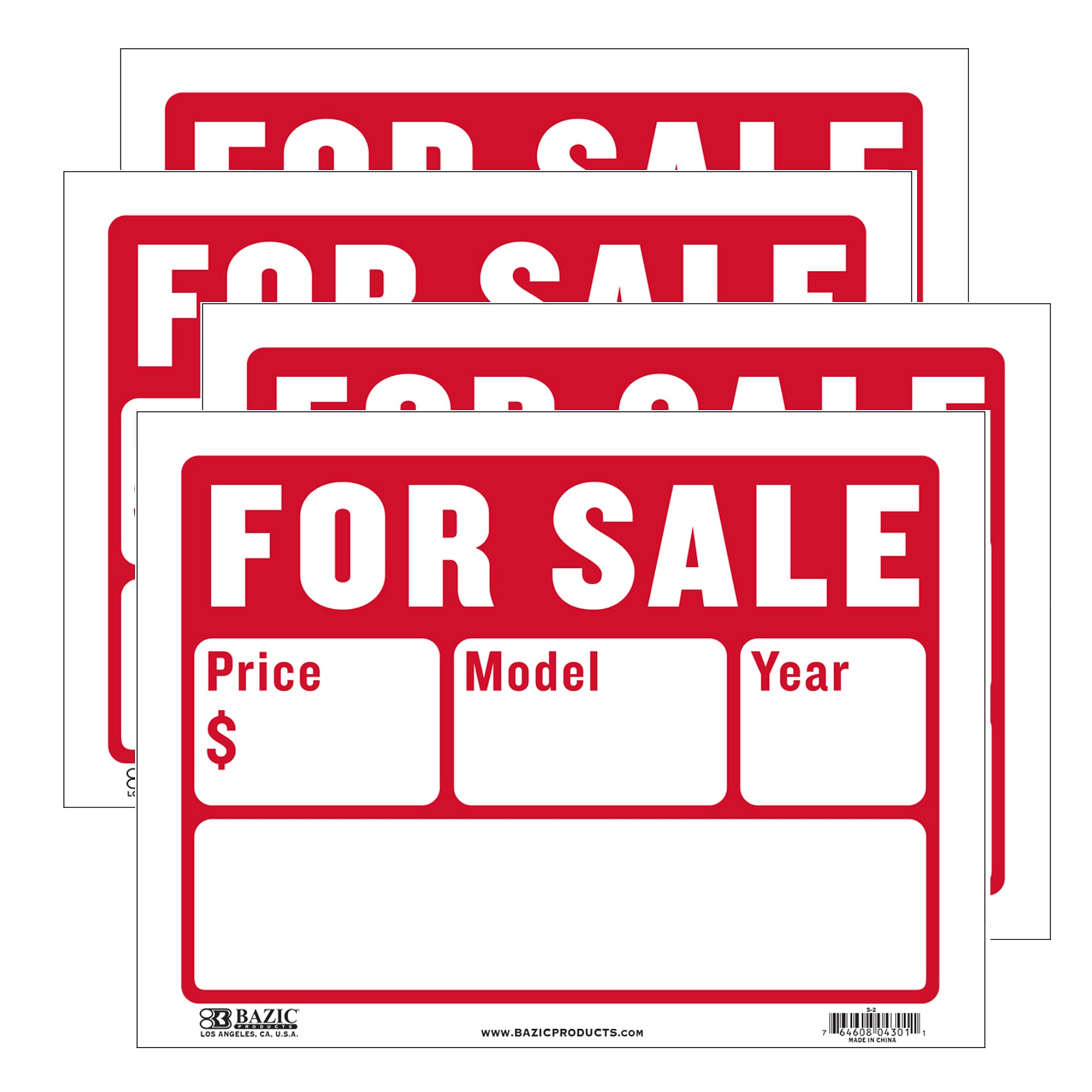 BAZIC For Sale Sign Car Auto Sales 9"X12" (2-Line), Model Year Phone Number, Cars Trucks Indoor Signage, High Visibility Signs, 4-Pack