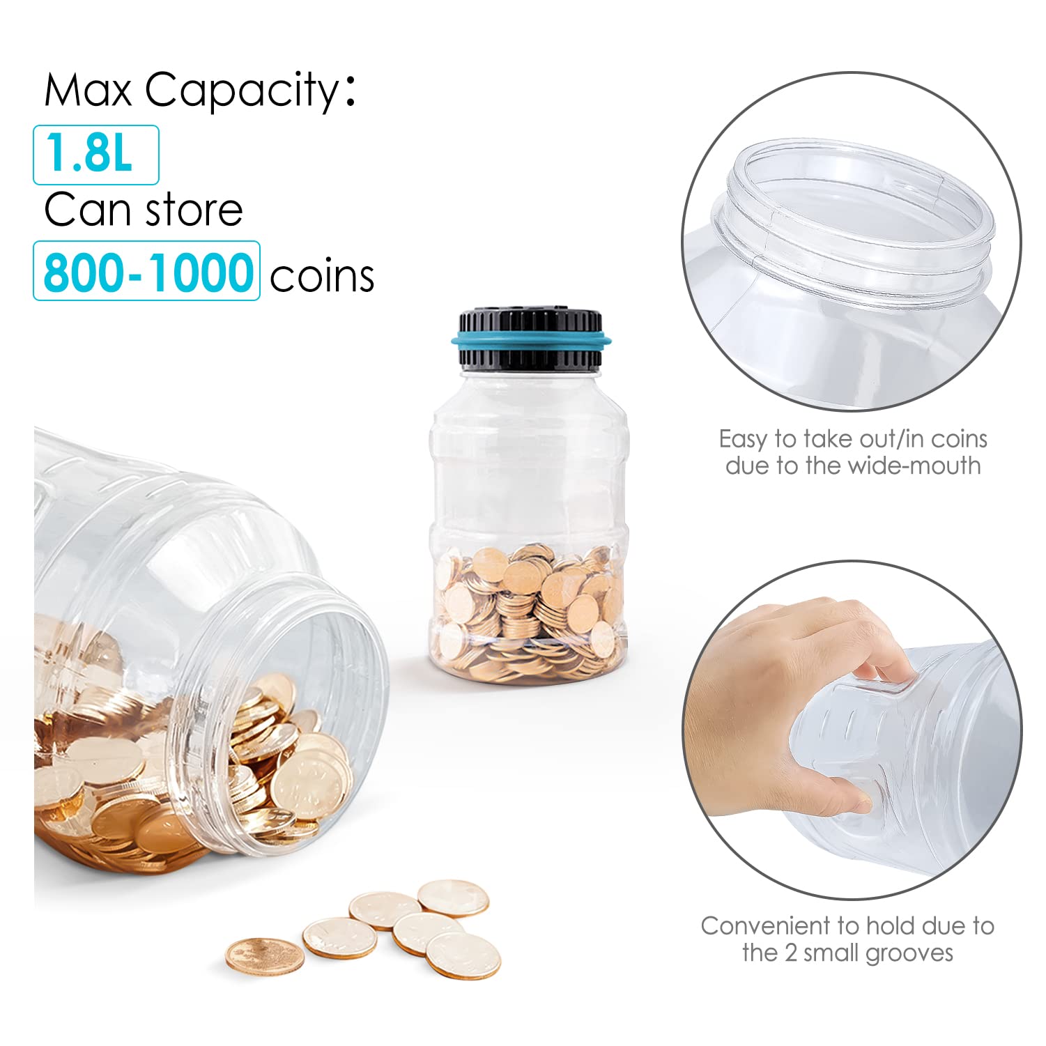 Large Piggy Bank for Boys Adults, Vcertcpl Digital Coin Counting Bank with LCD Counter, 1.8L Capacity Coin Bank Money Jar for Adults, Designed for All US Coins (Blue)