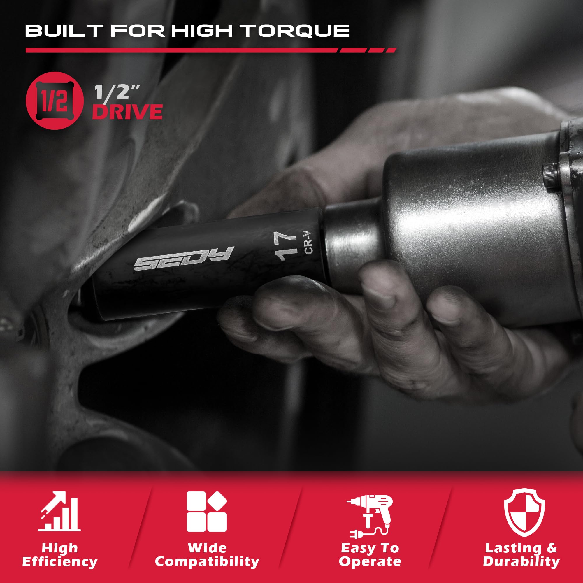 29-Piece 1/2" Drive Impact Socket Set, SAE (3/8 to 1 inch) and Metric (10-24mm) Sizes with Extension Bars Standard Deep Socket Set CR-V Material High Durability Impact Wrench
